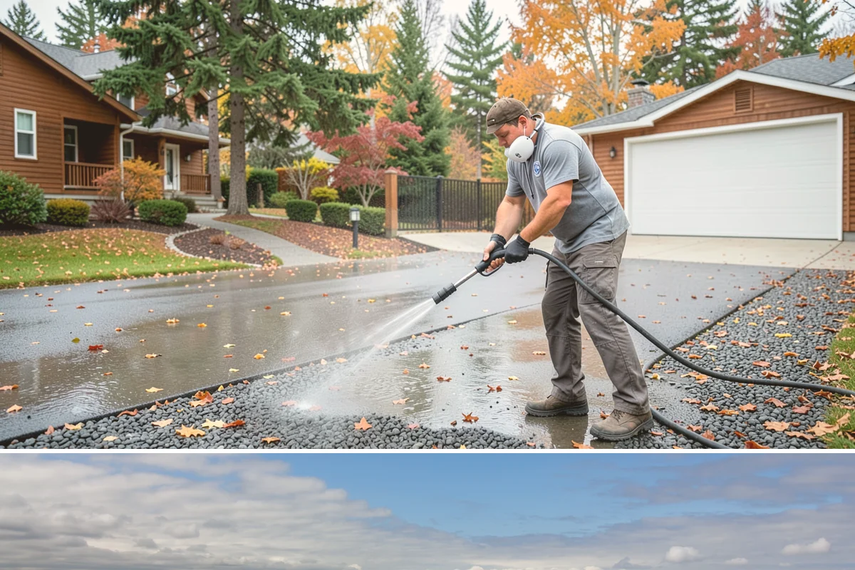 Entrance Canopy Cleaning in University Place, Pierce County, WA - Spring cleaning clears the algae that accumulates over the wet winter, with a fall touch-up to remove seasonal debris.