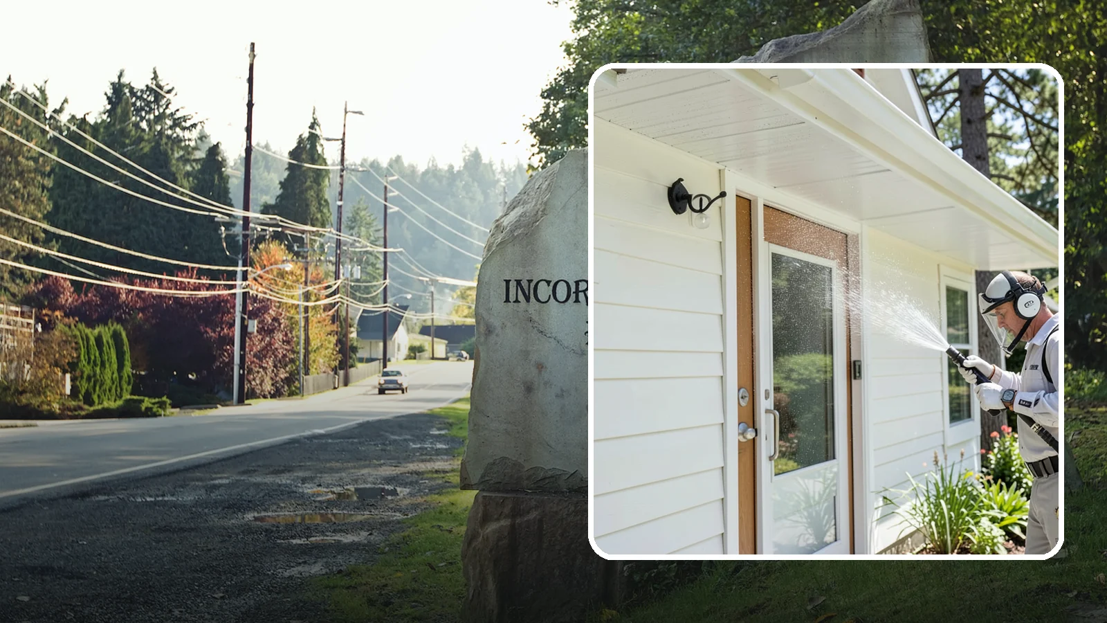 Entrance Canopy Cleaning in Wilkeson, Pierce County, WA - Overhead cleaning of entrance canopies and porte-cocheres that removes algae streaks, cobwebs, and grime from the first thing...
