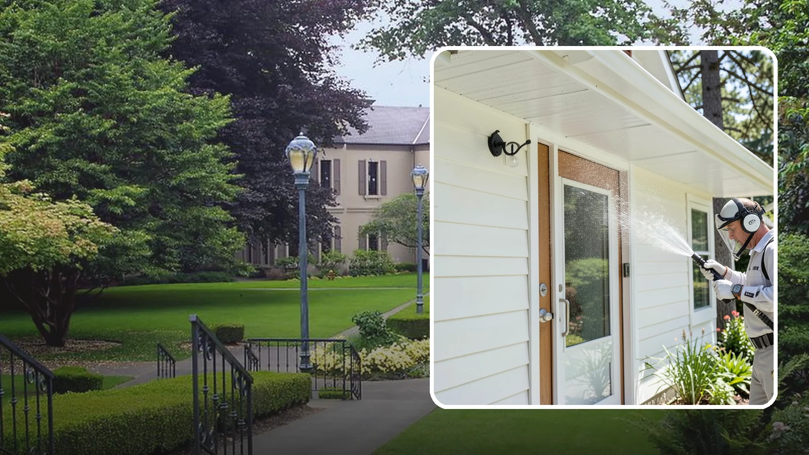 Entrance Canopy Cleaning in Woodinville, King County, WA - Overhead cleaning of entrance canopies and porte-cocheres that removes algae streaks, cobwebs, and grime from the first thing...