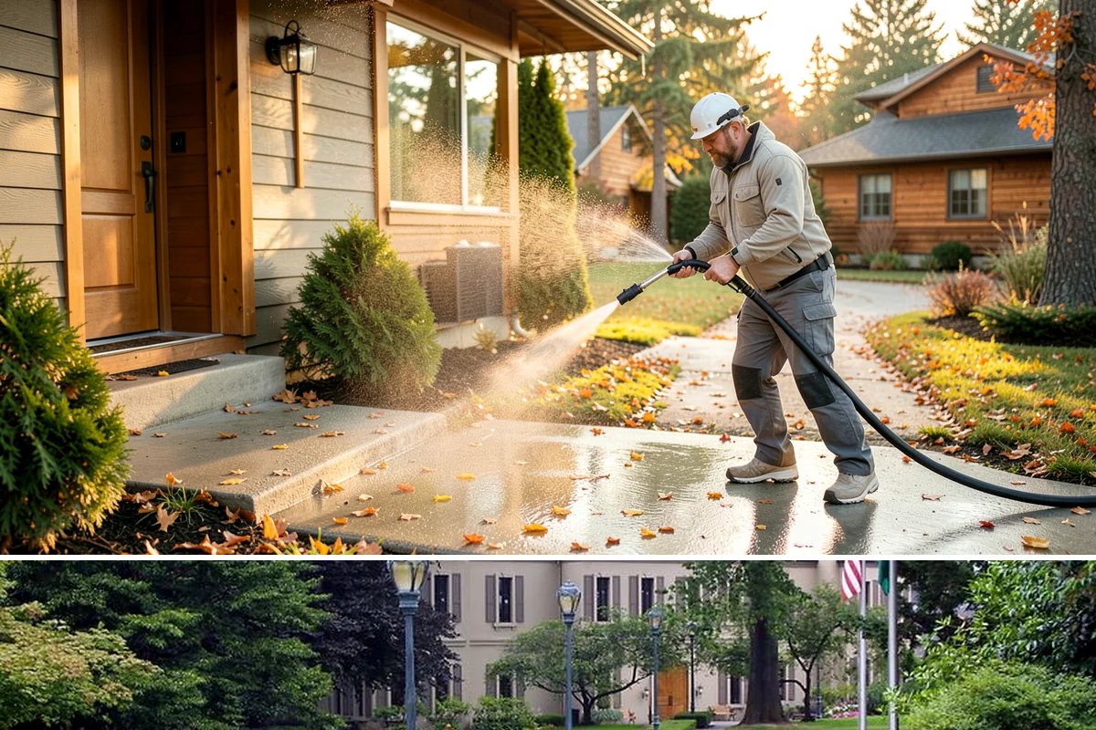 Entrance Canopy Cleaning in Woodinville, King County, WA - Spring cleaning clears the algae that accumulates over the wet winter, with a fall touch-up to remove seasonal debris.