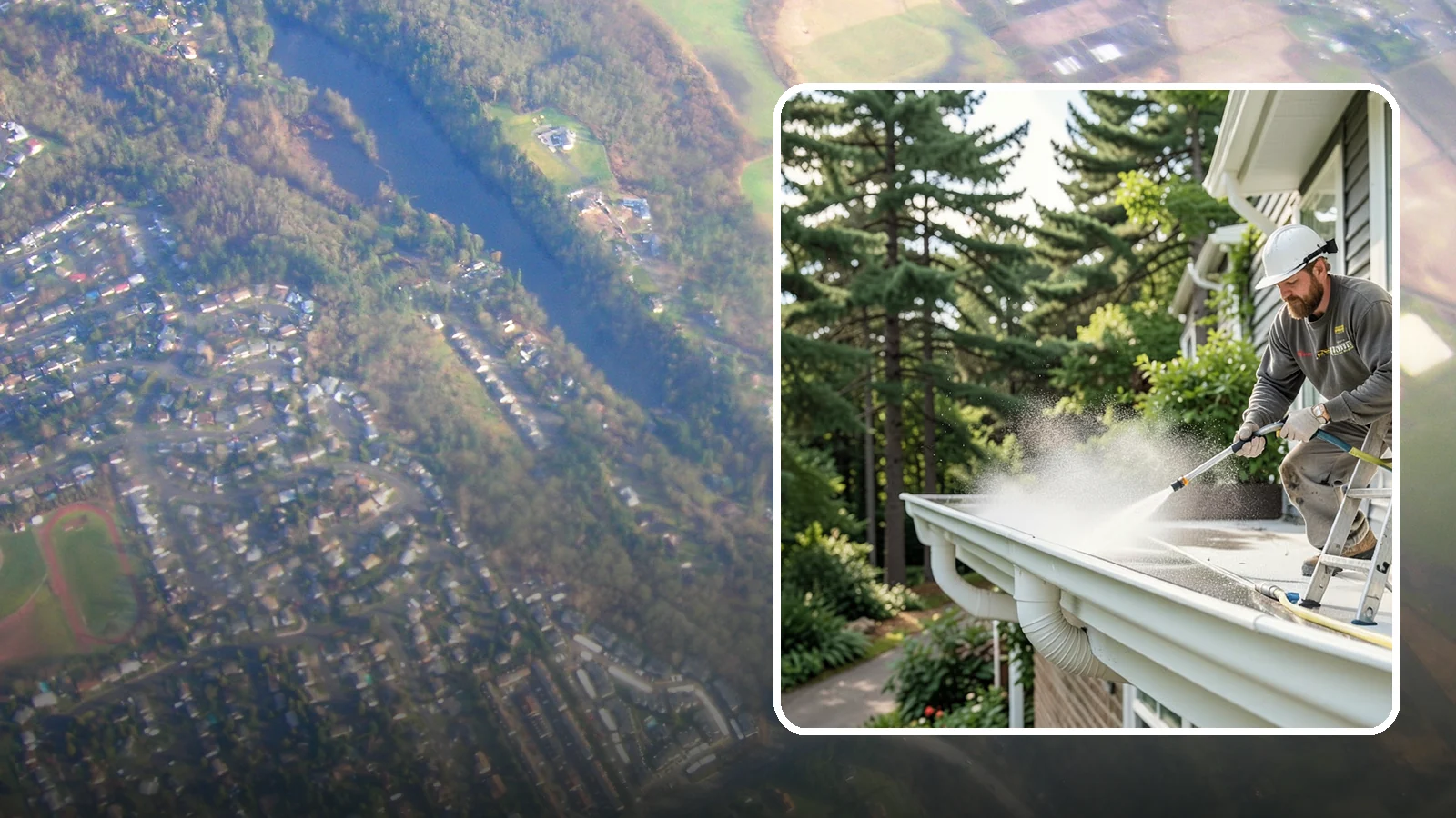 Exterior Gutter Whitening in Algona, King County, WA - Whitening service that scrubs the gray oxidation and grime off white gutter faces to match their original brightness.