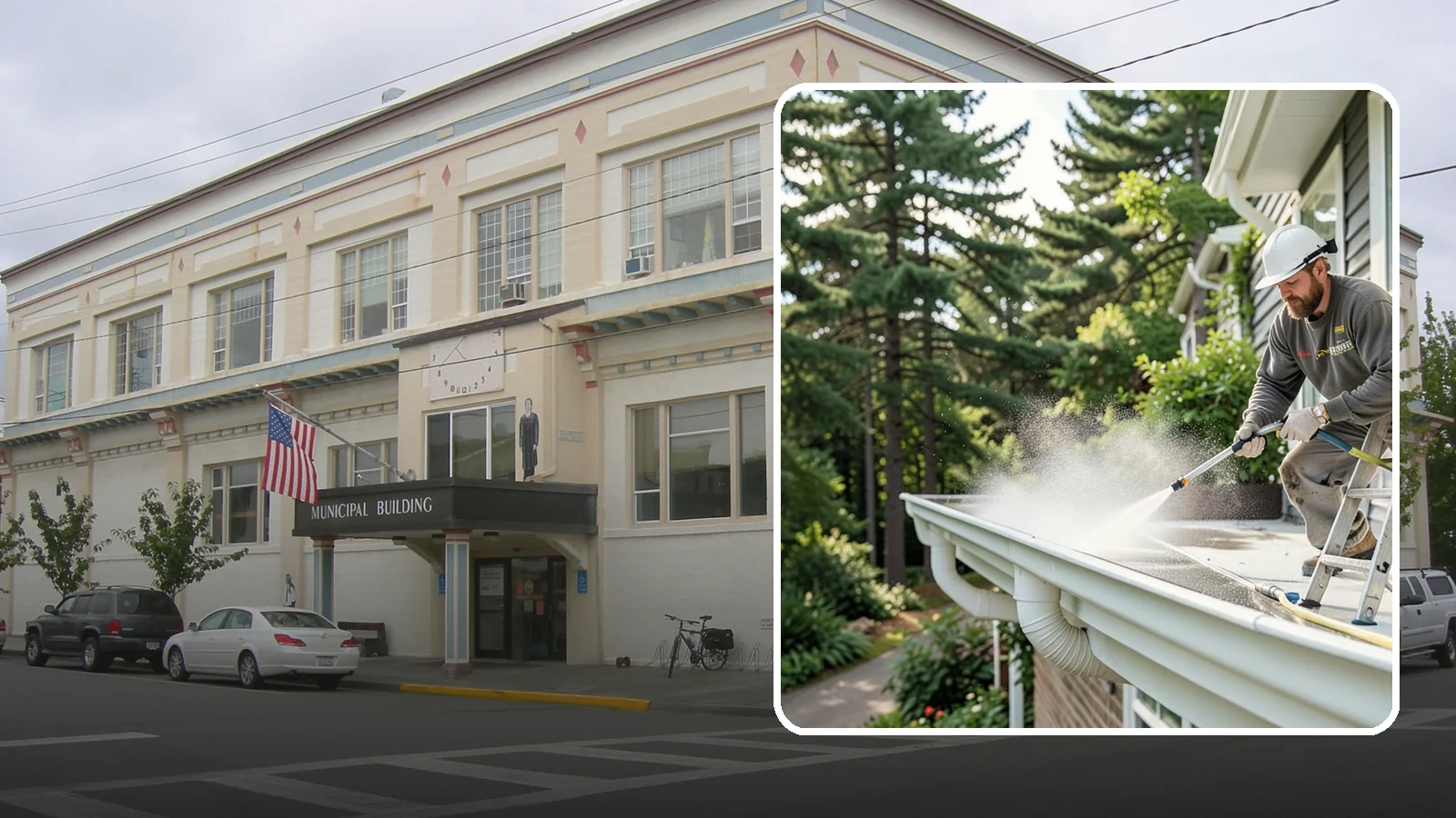 Exterior Gutter Whitening in Anacortes, Skagit County, WA - Whitening service that scrubs the gray oxidation and grime off white gutter faces to match their original brightness.