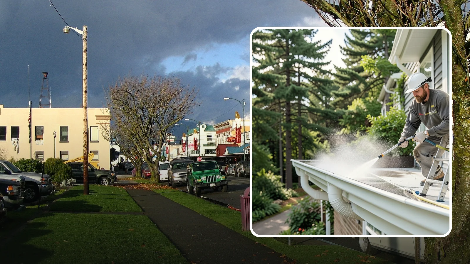 Exterior Gutter Whitening in Arlington, Snohomish County, WA - Whitening service that scrubs the gray oxidation and grime off white gutter faces to match their original brightness.