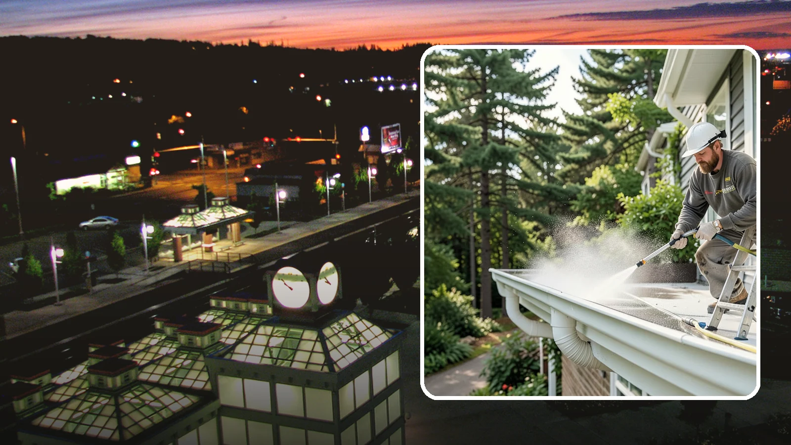 Exterior Gutter Whitening in Auburn, King County, WA - Whitening service that scrubs the gray oxidation and grime off white gutter faces to match their original brightness.