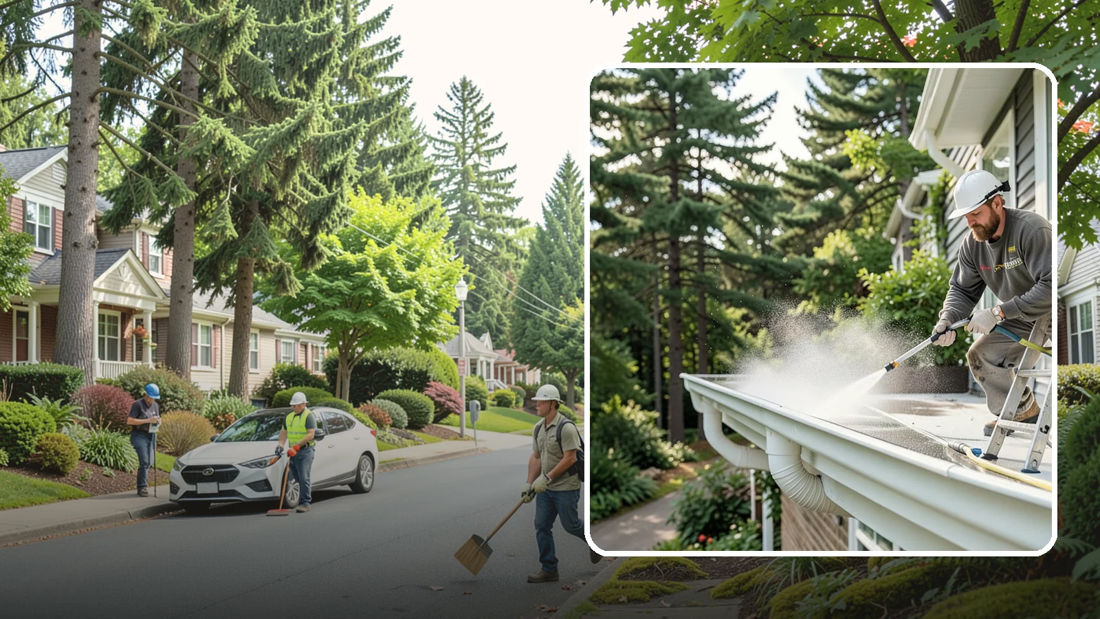 Exterior Gutter Whitening in Beaux Arts Village, King County, WA - Whitening service that scrubs the gray oxidation and grime off white gutter faces to match their original brightness.