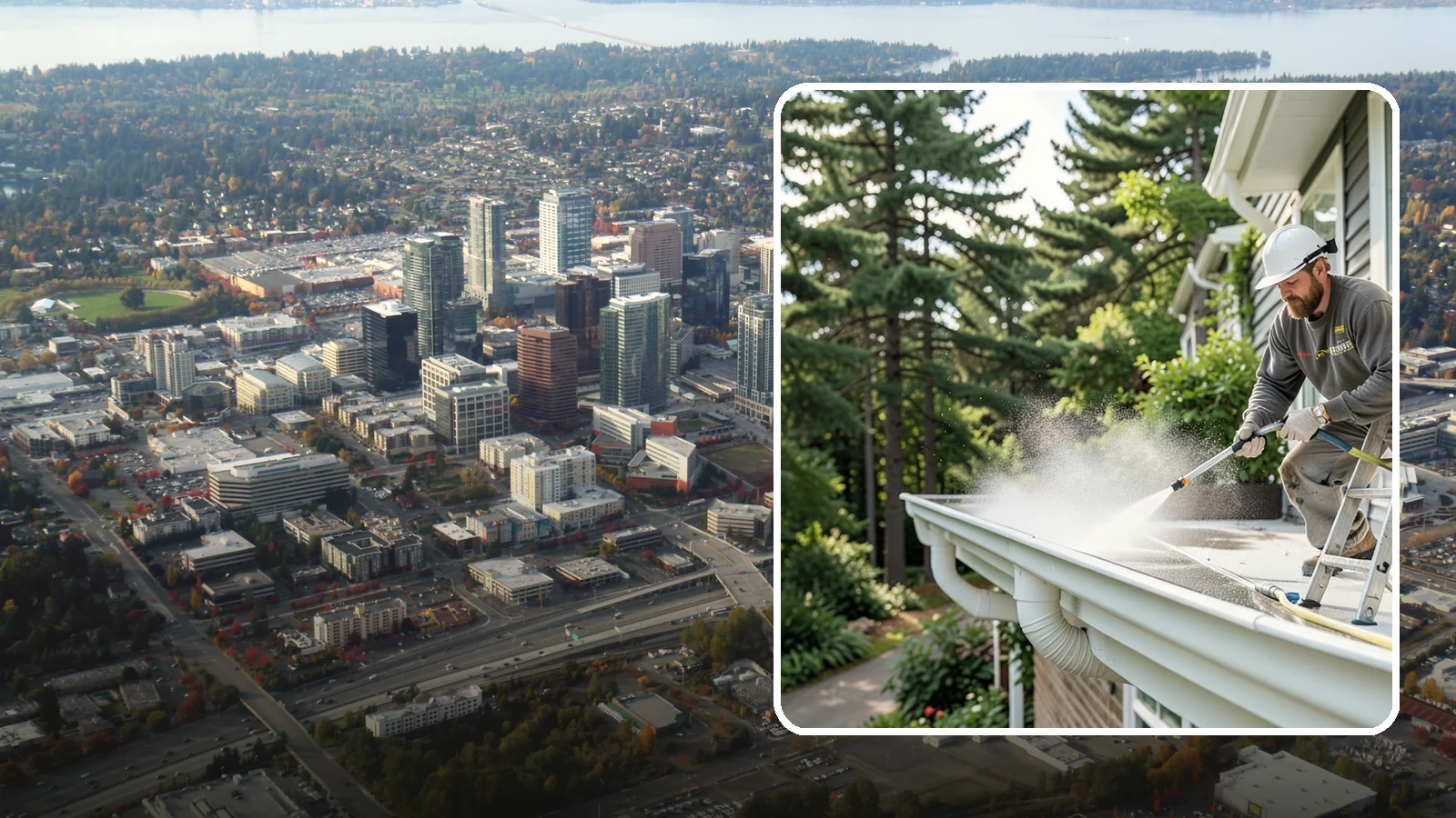 Exterior Gutter Whitening in Bellevue, King County, WA - Whitening service that scrubs the gray oxidation and grime off white gutter faces to match their original brightness.