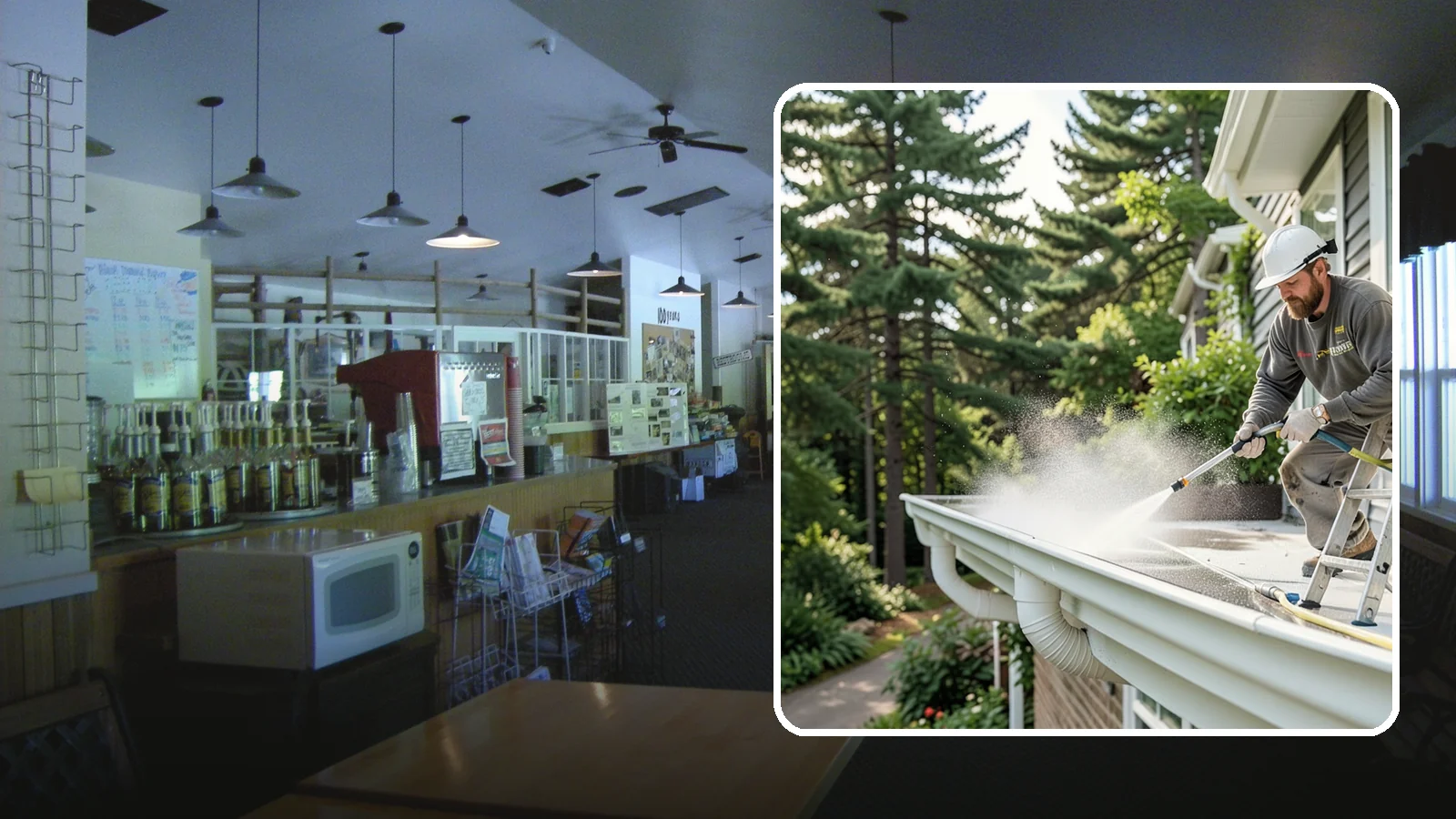 Exterior Gutter Whitening in Black Diamond, King County, WA - Whitening service that scrubs the gray oxidation and grime off white gutter faces to match their original brightness.