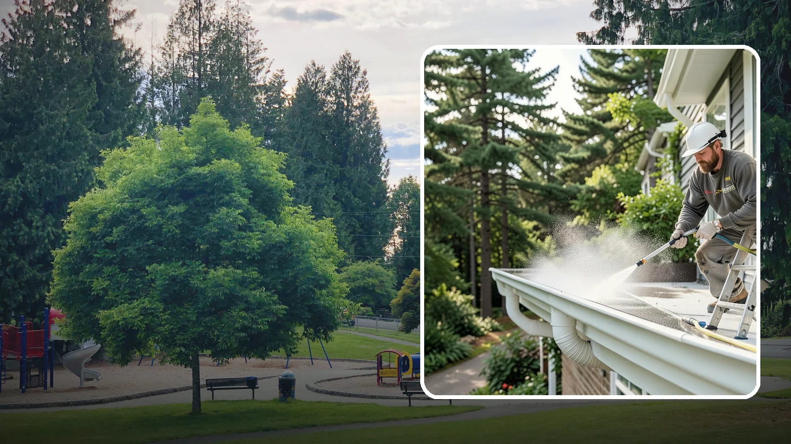 Exterior Gutter Whitening in Bonney Lake, Pierce County, WA - Whitening service that scrubs the gray oxidation and grime off white gutter faces to match their original brightness.