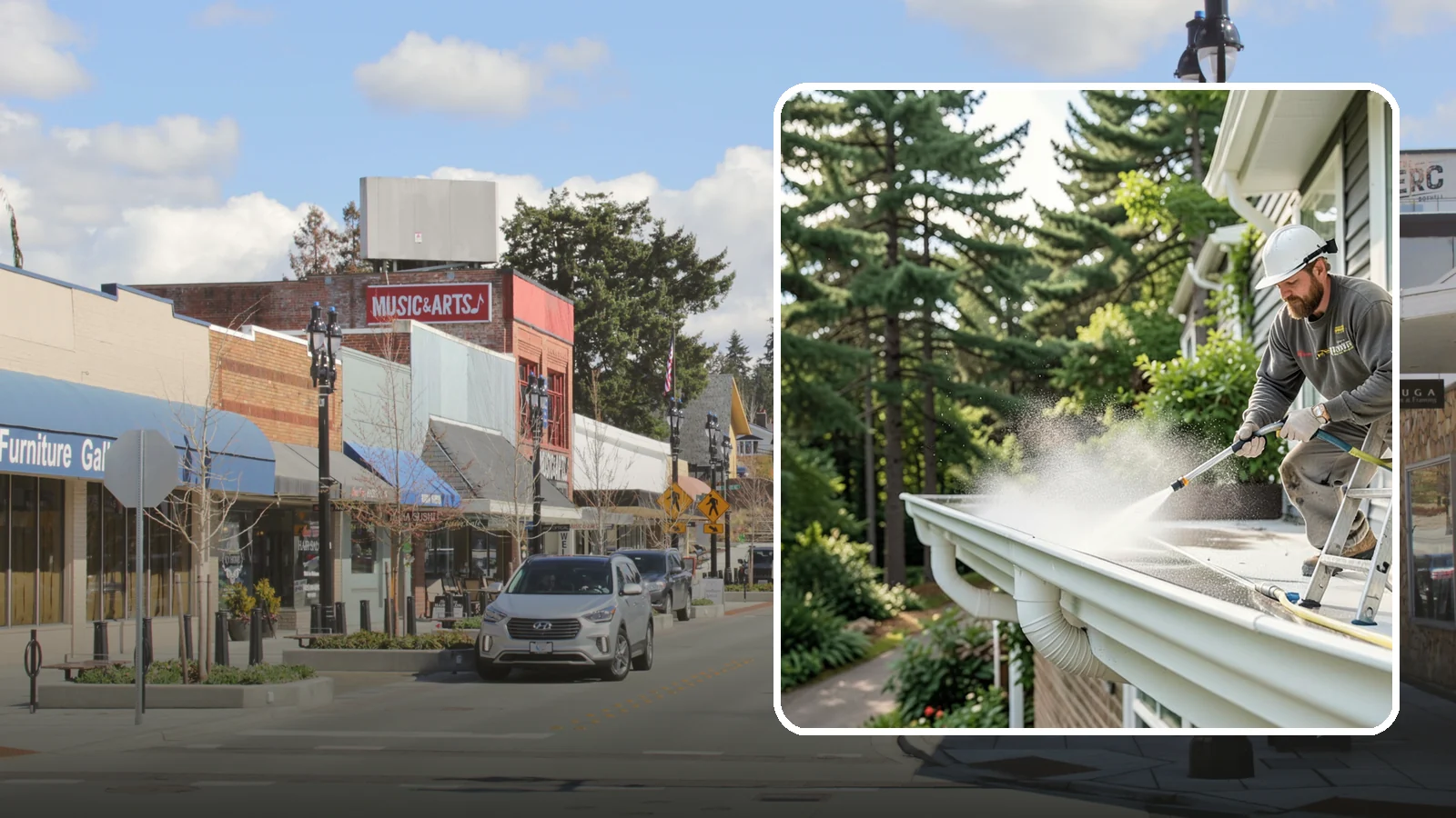 Exterior Gutter Whitening in Bothell, King County, WA - Whitening service that scrubs the gray oxidation and grime off white gutter faces to match their original brightness.