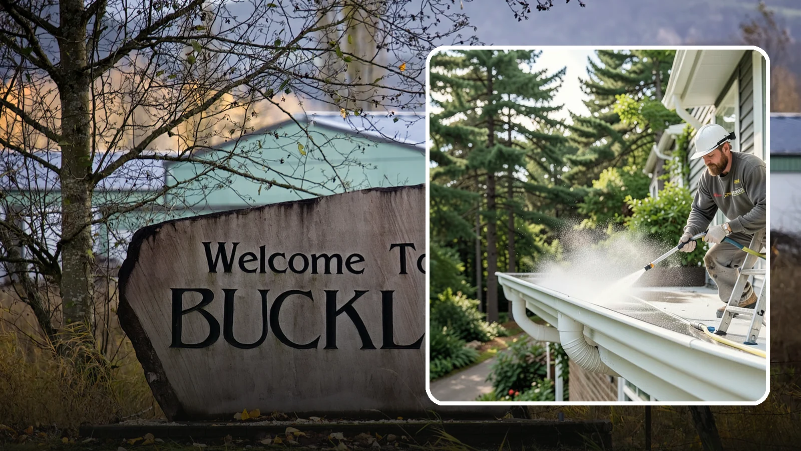 Exterior Gutter Whitening in Buckley, Pierce County, WA - Whitening service that scrubs the gray oxidation and grime off white gutter faces to match their original brightness.