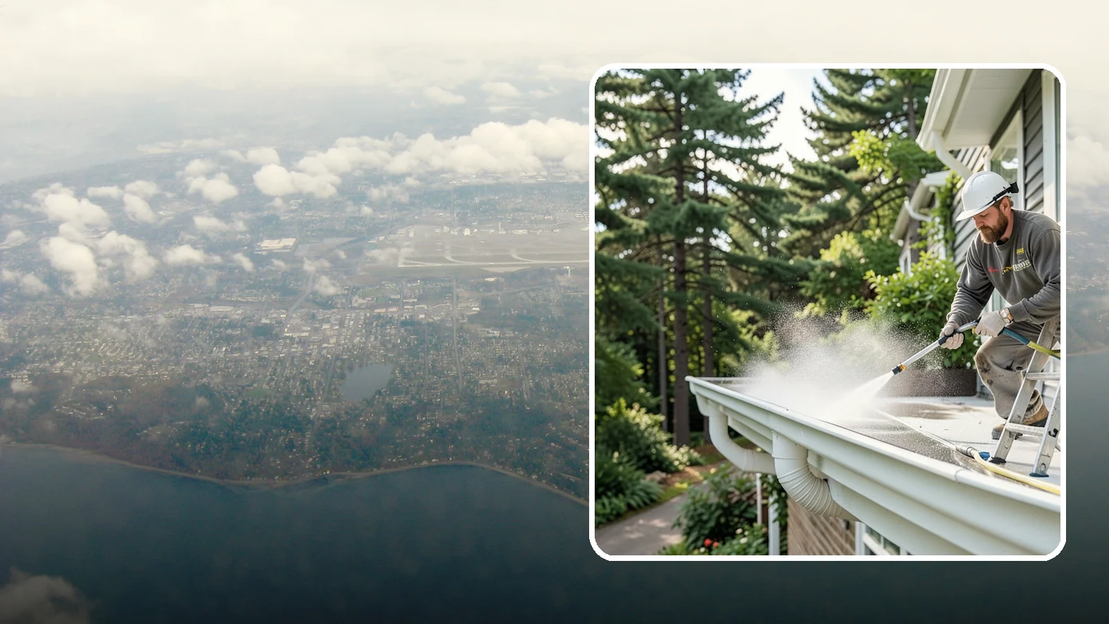 Exterior Gutter Whitening in Burien, King County, WA - Whitening service that scrubs the gray oxidation and grime off white gutter faces to match their original brightness.