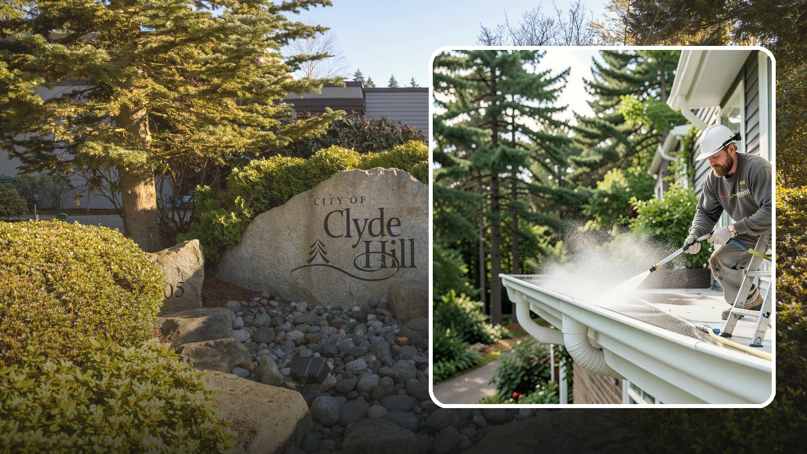 Exterior Gutter Whitening in Clyde Hill, King County, WA - Whitening service that scrubs the gray oxidation and grime off white gutter faces to match their original brightness.