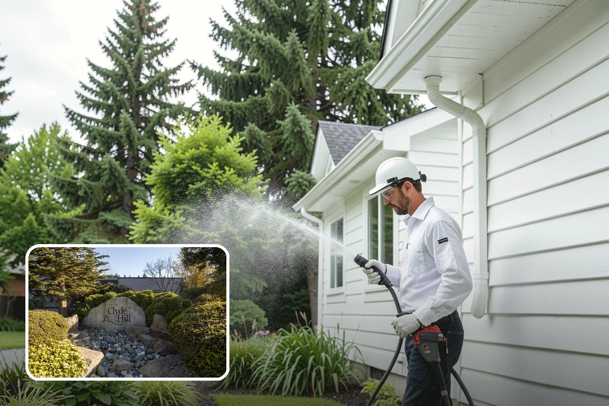 Exterior Gutter Whitening in Clyde Hill, King County, WA - Dissolves the gray oxidation layer on white gutter faces
