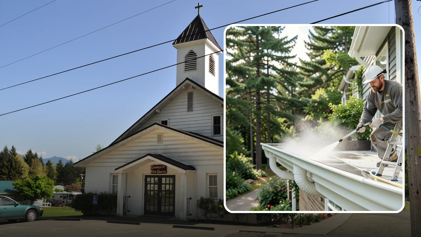 Exterior Gutter Whitening in Concrete, Skagit County, WA - Whitening service that scrubs the gray oxidation and grime off white gutter faces to match their original brightness.