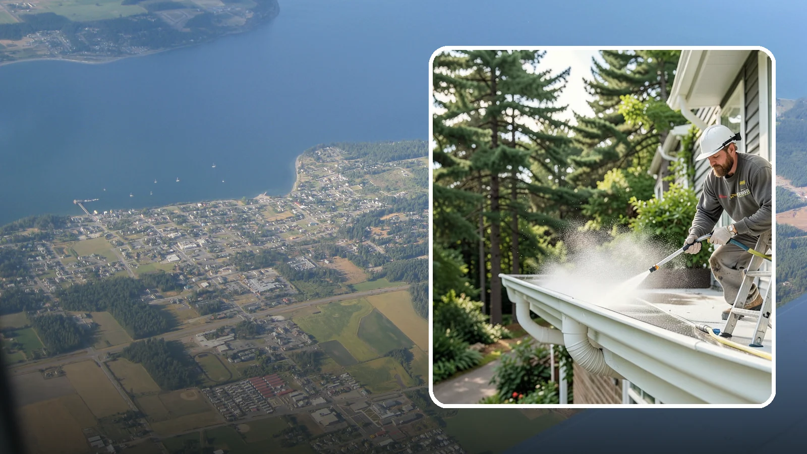 Exterior Gutter Whitening in Coupeville, Island County, WA - Whitening service that scrubs the gray oxidation and grime off white gutter faces to match their original brightness.