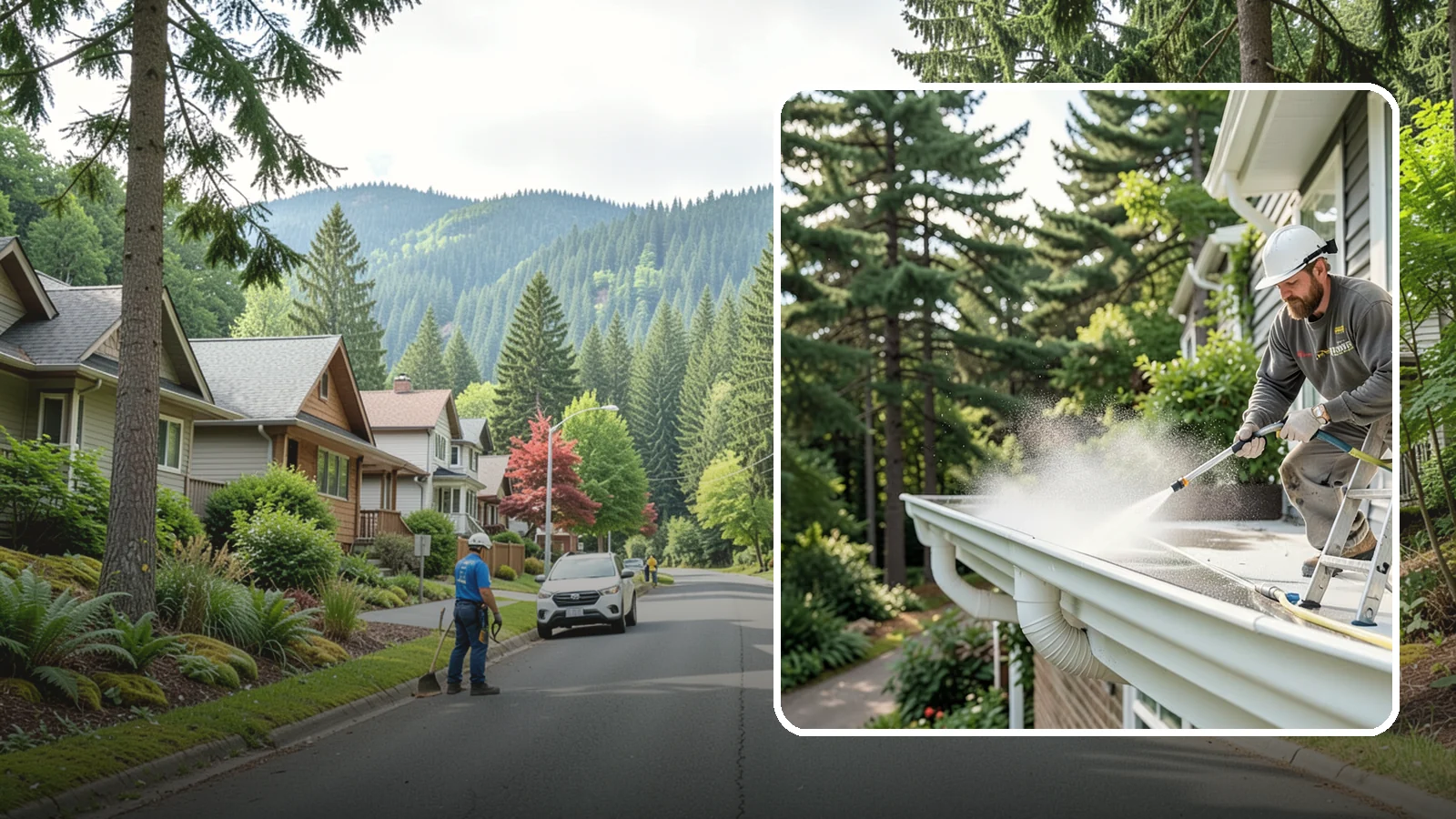 Exterior Gutter Whitening in Darrington, Snohomish County, WA - Whitening service that scrubs the gray oxidation and grime off white gutter faces to match their original brightness.