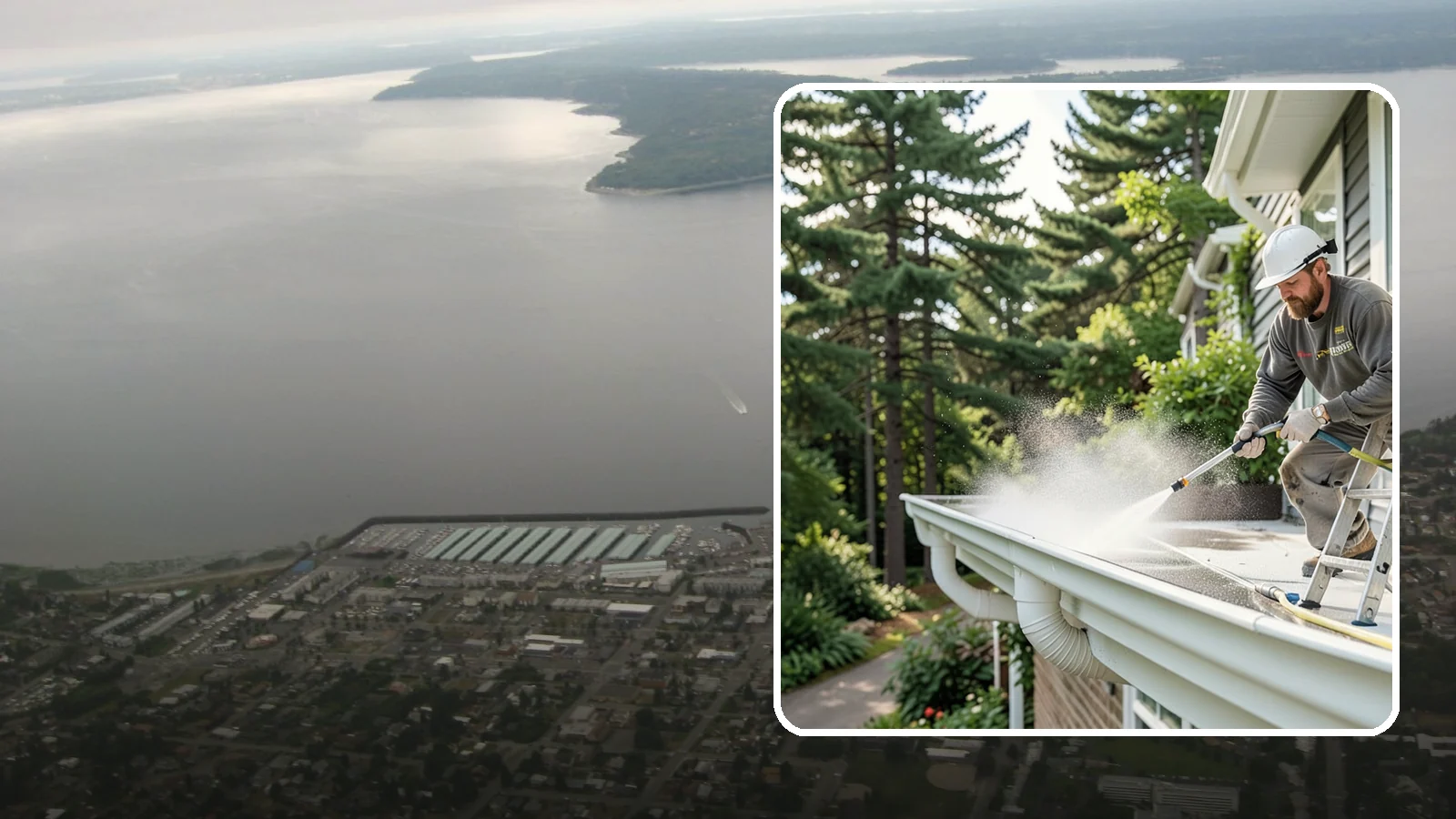 Exterior Gutter Whitening in Des Moines, King County, WA - Whitening service that scrubs the gray oxidation and grime off white gutter faces to match their original brightness.