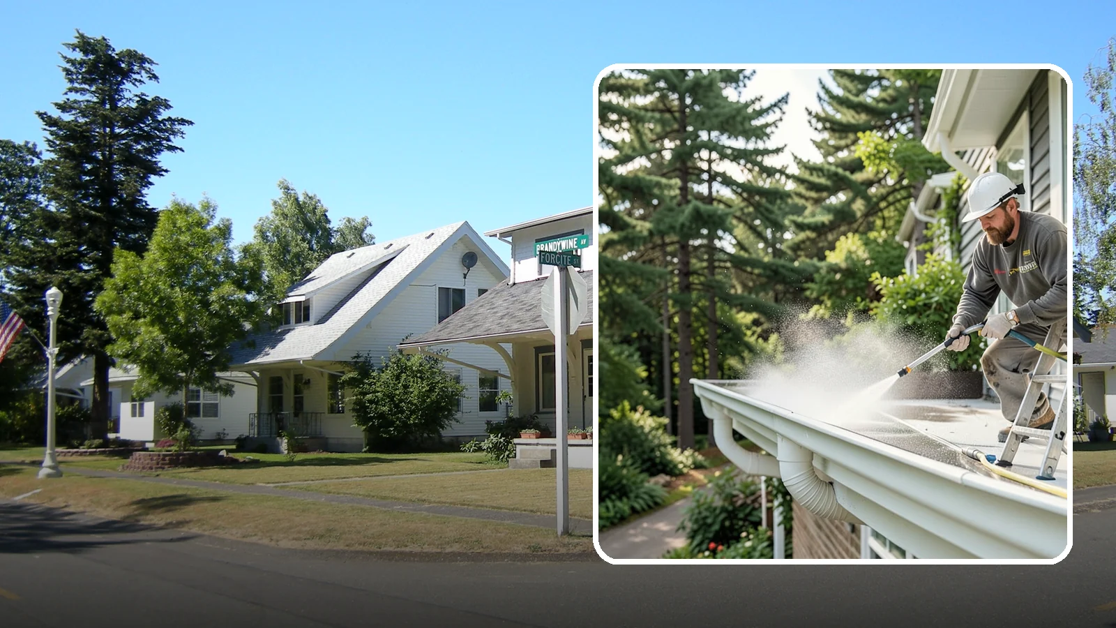Exterior Gutter Whitening in DuPont, Pierce County, WA - Whitening service that scrubs the gray oxidation and grime off white gutter faces to match their original brightness.