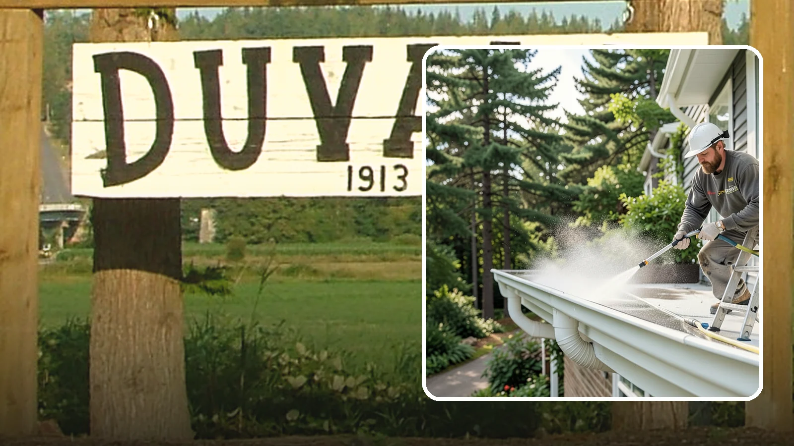 Exterior Gutter Whitening in Duvall, King County, WA - Whitening service that scrubs the gray oxidation and grime off white gutter faces to match their original brightness.