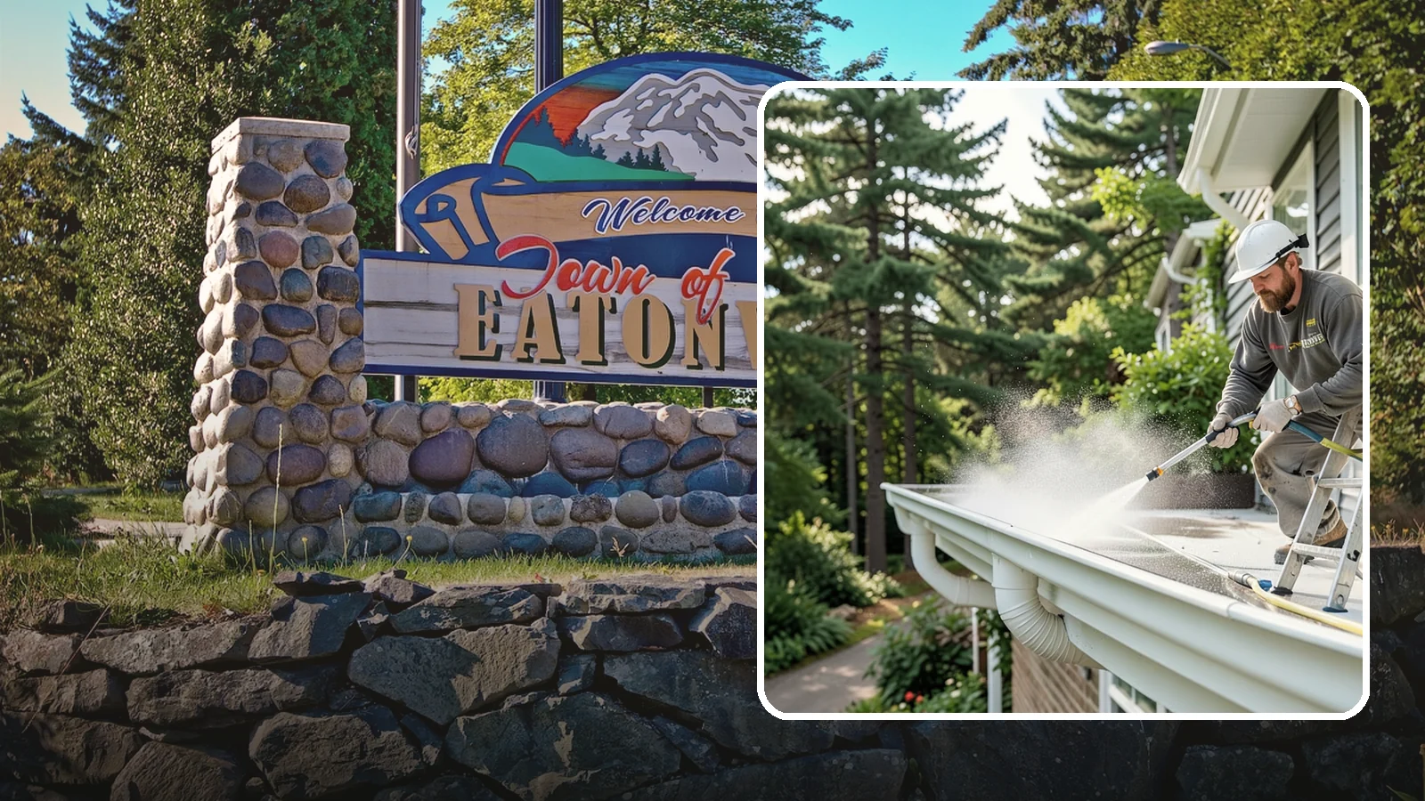 Exterior Gutter Whitening in Eatonville, Pierce County, WA - Whitening service that scrubs the gray oxidation and grime off white gutter faces to match their original brightness.