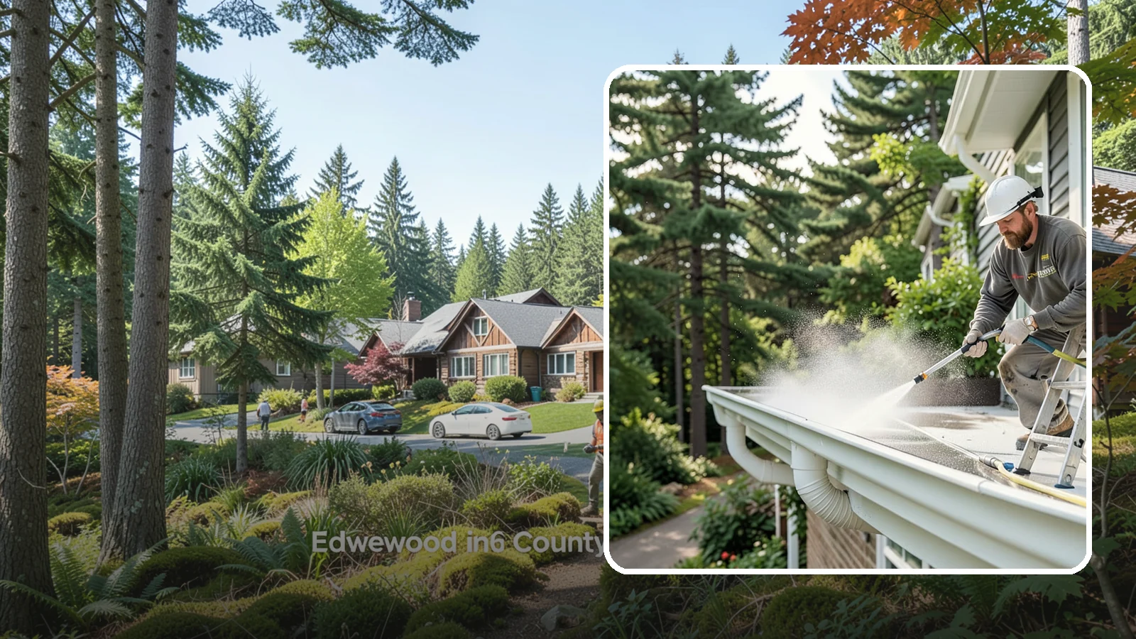 Exterior Gutter Whitening in Edgewood, Pierce County, WA - Whitening service that scrubs the gray oxidation and grime off white gutter faces to match their original brightness.