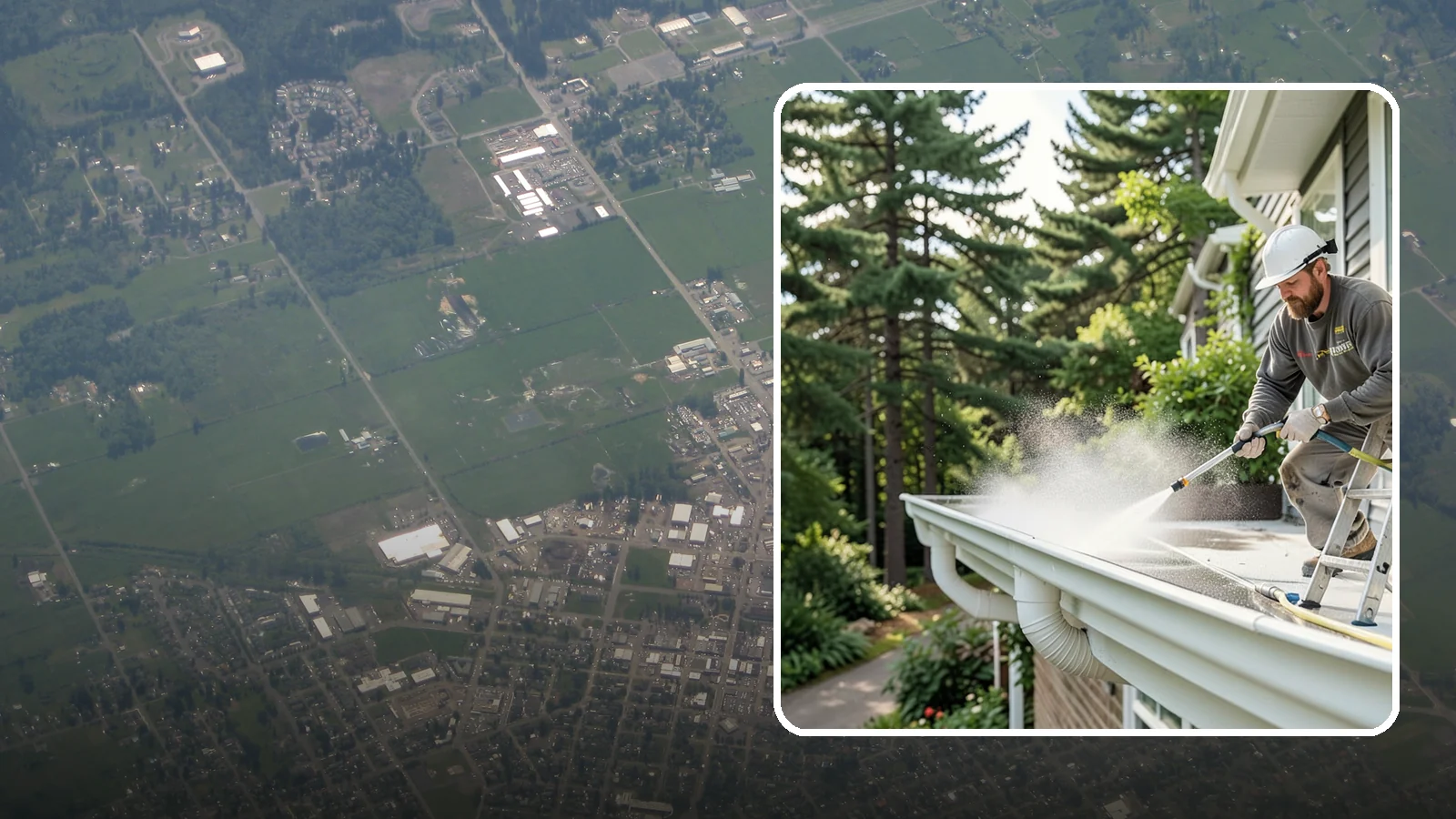Exterior Gutter Whitening in Enumclaw, King County, WA - Whitening service that scrubs the gray oxidation and grime off white gutter faces to match their original brightness.