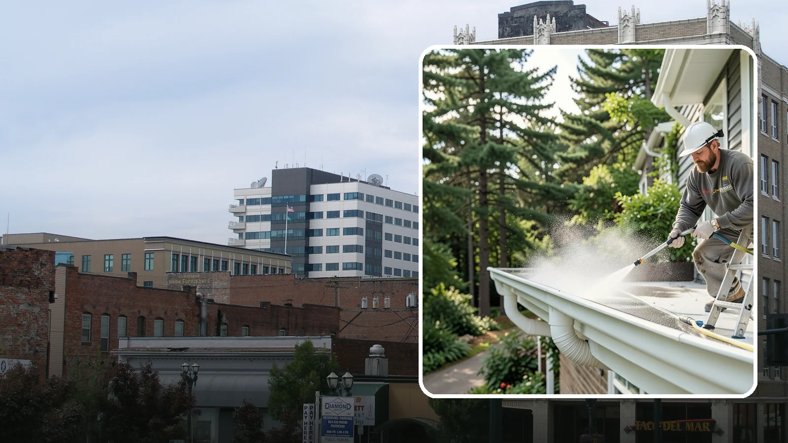Exterior Gutter Whitening in Everett, Snohomish County, WA - Whitening service that scrubs the gray oxidation and grime off white gutter faces to match their original brightness.