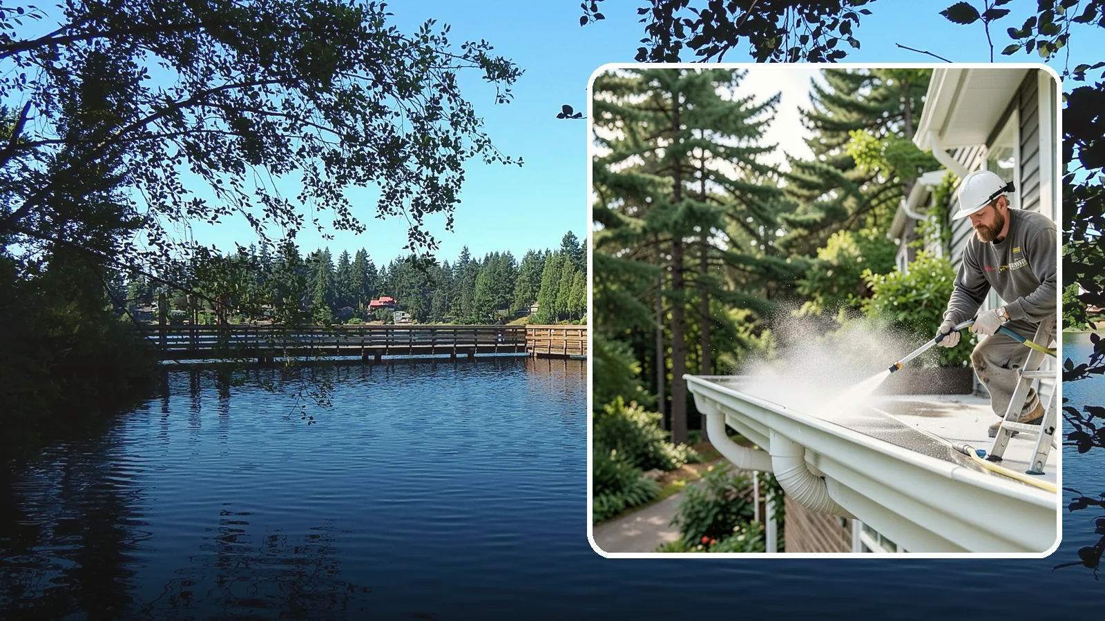 Exterior Gutter Whitening in Federal Way, King County, WA - Whitening service that scrubs the gray oxidation and grime off white gutter faces to match their original brightness.