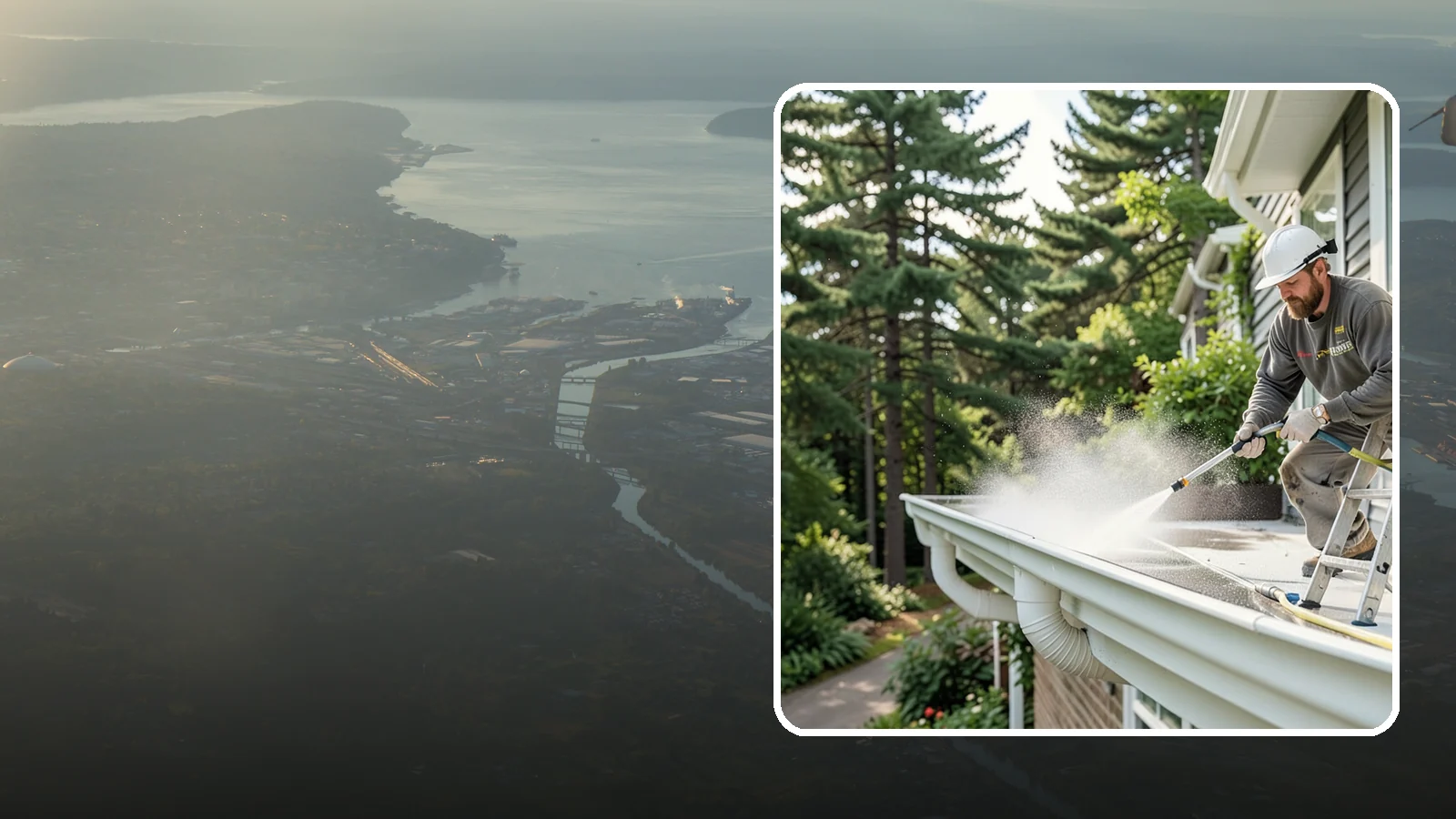 Exterior Gutter Whitening in Fife, Pierce County, WA - Whitening service that scrubs the gray oxidation and grime off white gutter faces to match their original brightness.