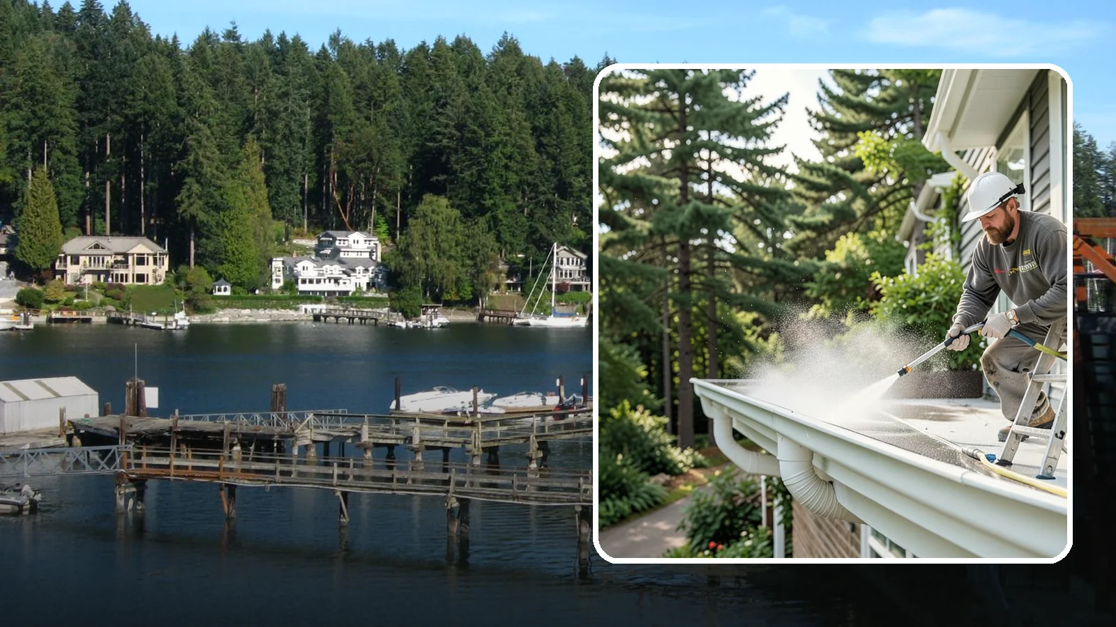 Exterior Gutter Whitening in Gig Harbor, Pierce County, WA - Whitening service that scrubs the gray oxidation and grime off white gutter faces to match their original brightness.