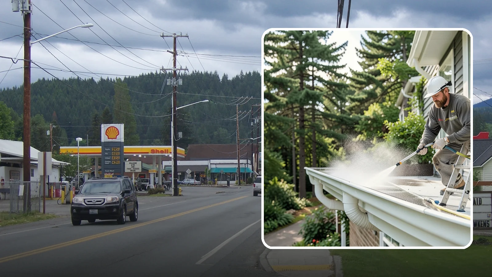 Exterior Gutter Whitening in Granite Falls, Snohomish County, WA - Whitening service that scrubs the gray oxidation and grime off white gutter faces to match their original brightness.