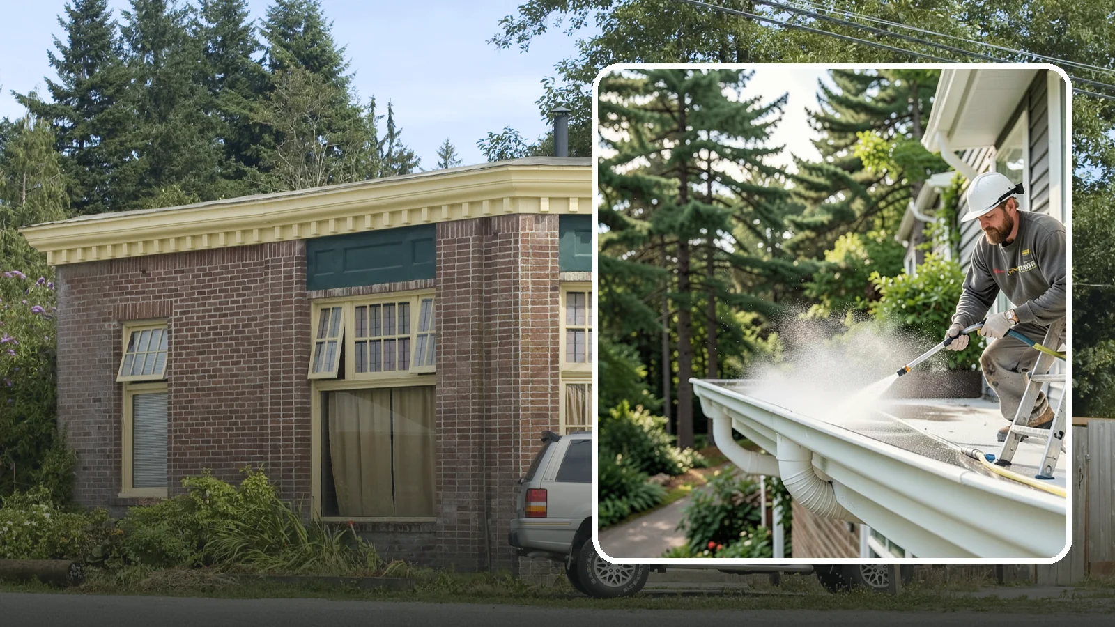 Exterior Gutter Whitening in Hamilton, Skagit County, WA - Whitening service that scrubs the gray oxidation and grime off white gutter faces to match their original brightness.
