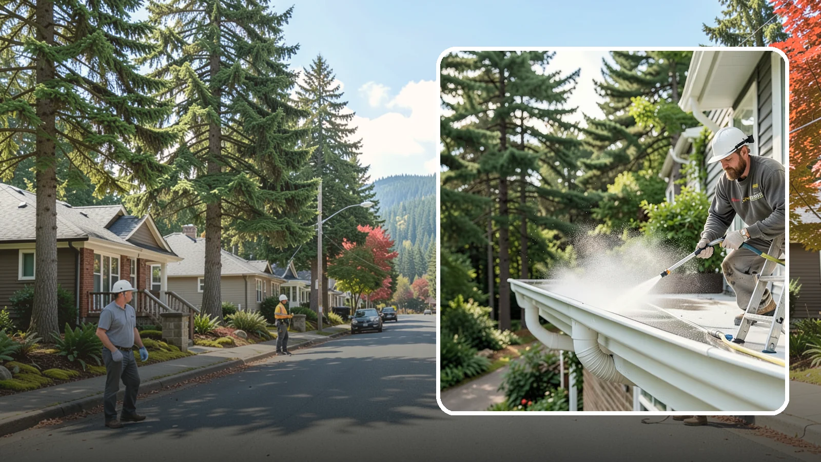 Exterior Gutter Whitening in Hunts Point, King County, WA - Whitening service that scrubs the gray oxidation and grime off white gutter faces to match their original brightness.
