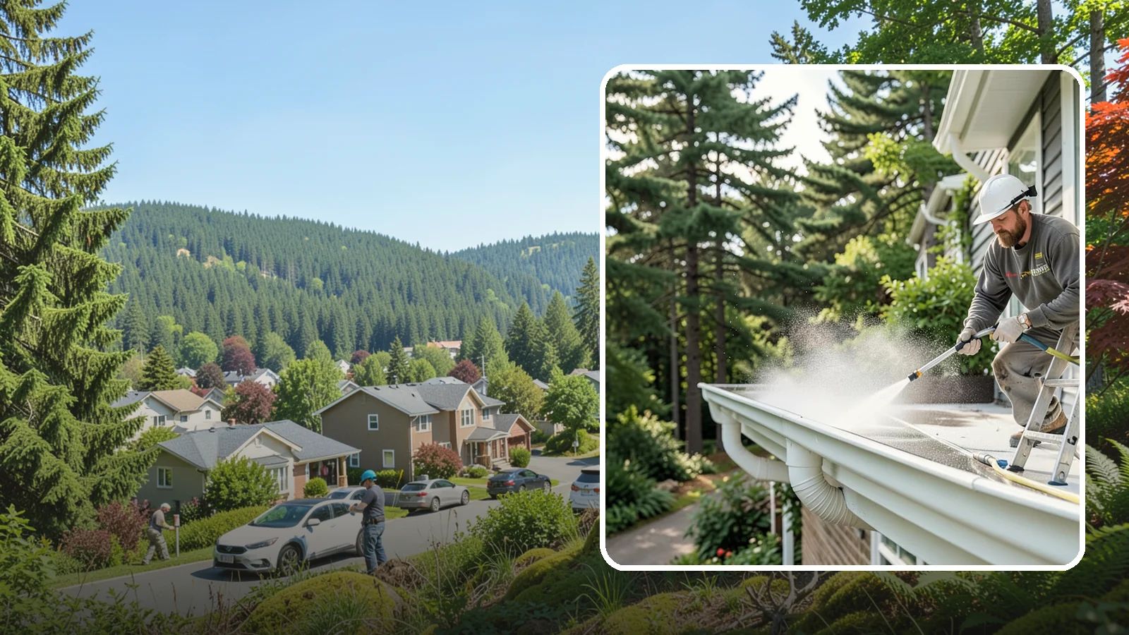 Exterior Gutter Whitening in Index, Snohomish County, WA - Whitening service that scrubs the gray oxidation and grime off white gutter faces to match their original brightness.