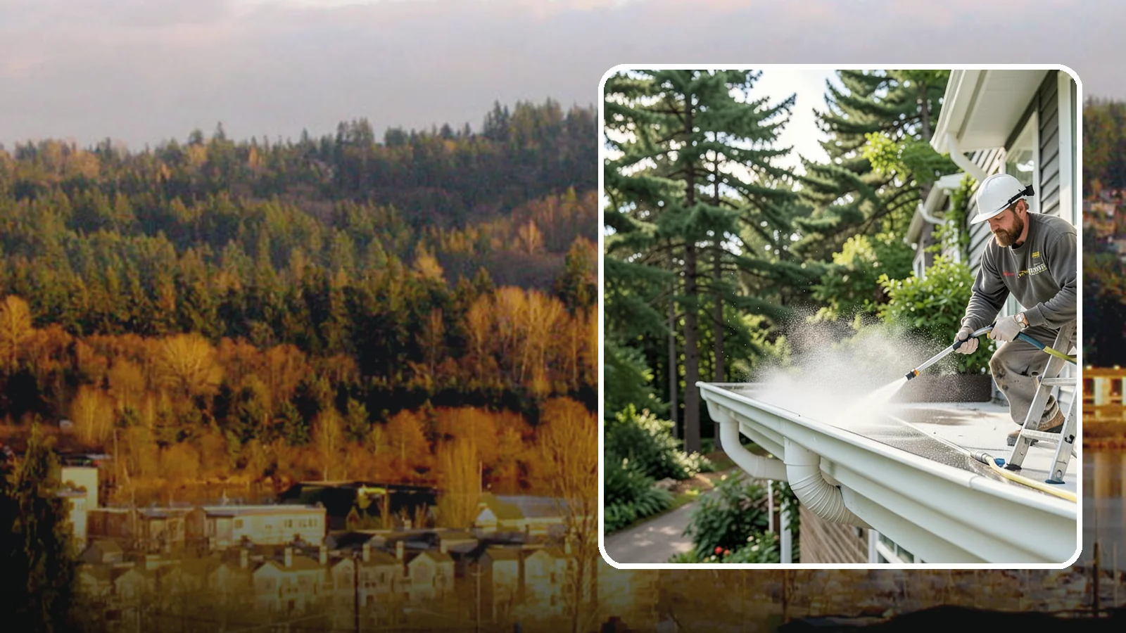 Exterior Gutter Whitening in Kenmore, King County, WA - Whitening service that scrubs the gray oxidation and grime off white gutter faces to match their original brightness.
