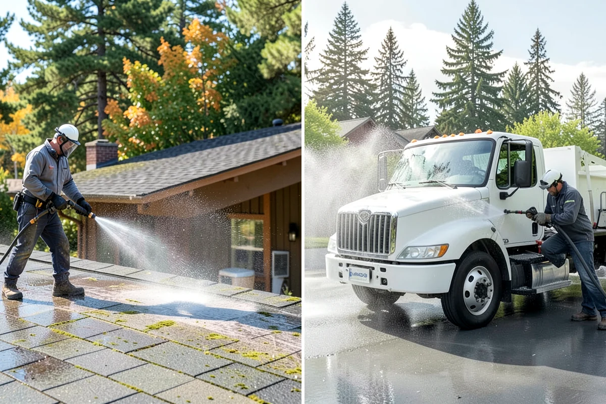 Exterior Gutter Whitening in Kenmore, King County, WA - Rinse loose grime from the gutter faces