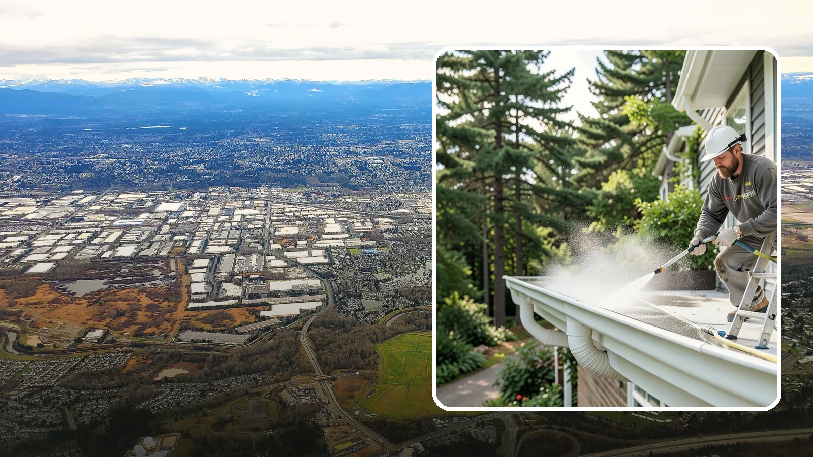 Exterior Gutter Whitening in Kent, King County, WA - Whitening service that scrubs the gray oxidation and grime off white gutter faces to match their original brightness.