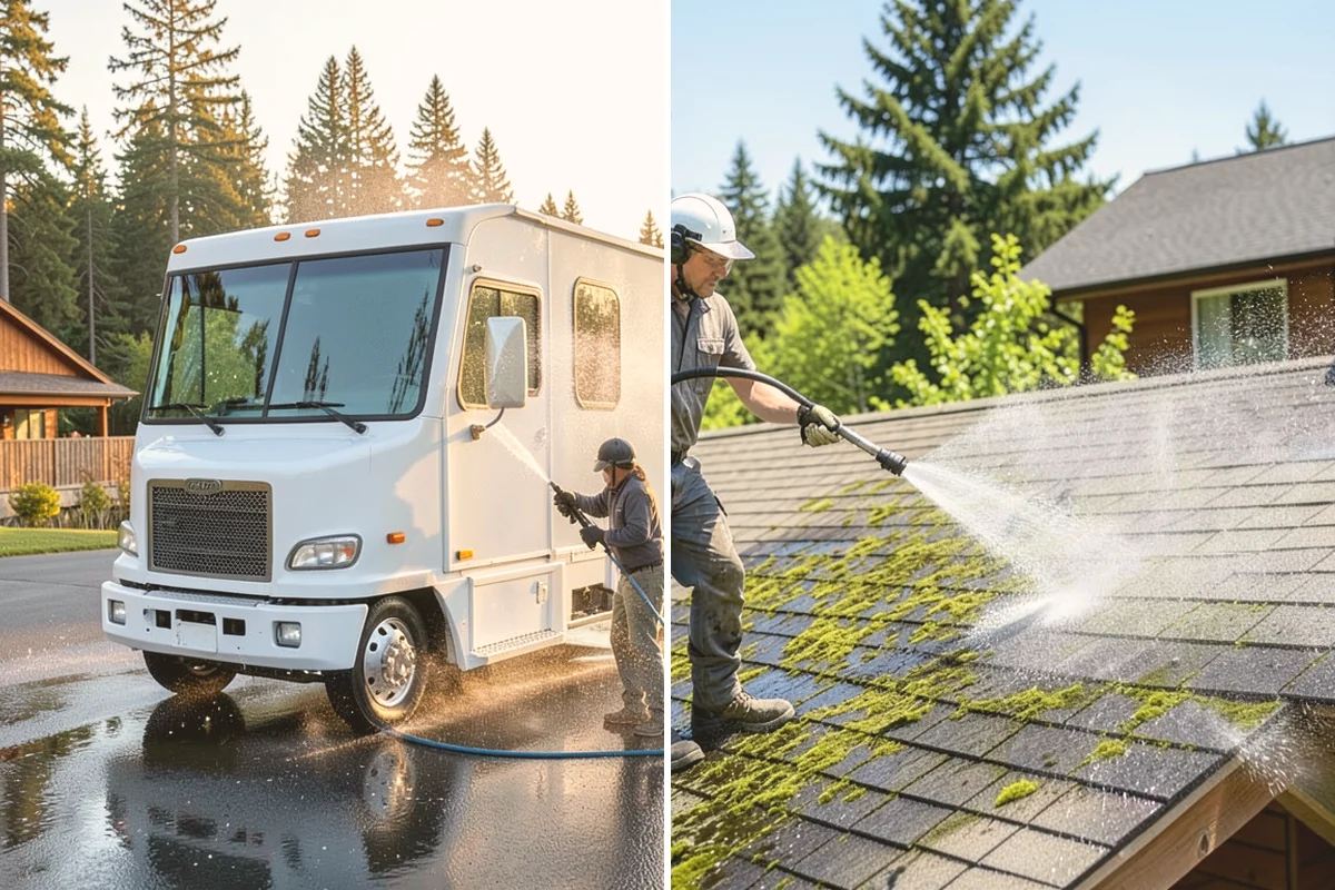 Exterior Gutter Whitening in Kent, King County, WA - Rinse loose grime from the gutter faces