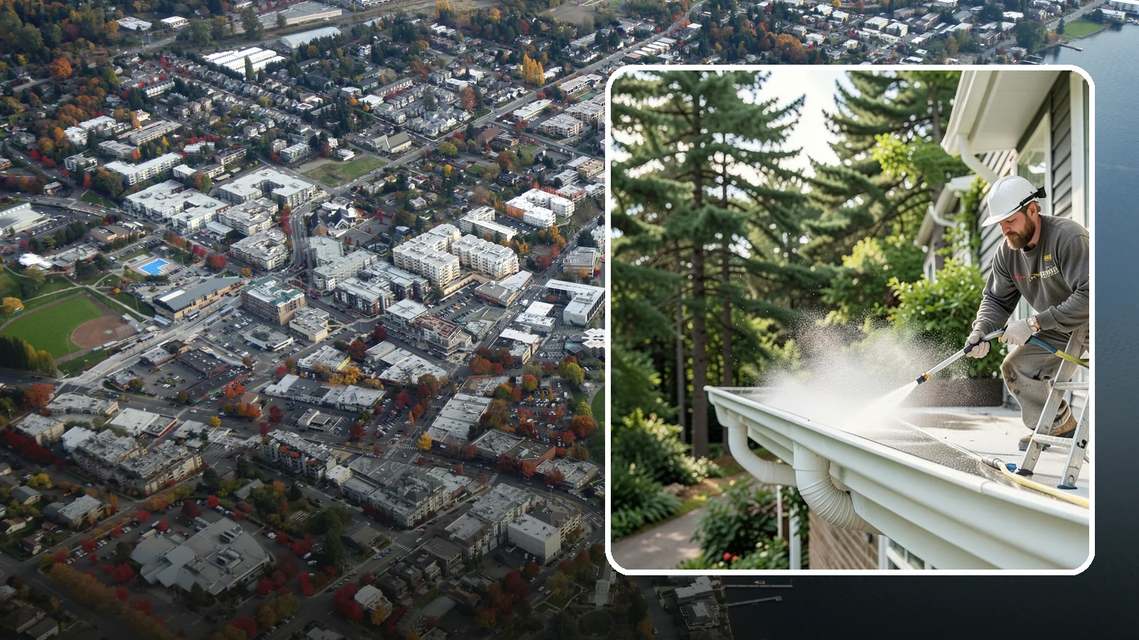 Exterior Gutter Whitening in Kirkland, King County, WA - Whitening service that scrubs the gray oxidation and grime off white gutter faces to match their original brightness.
