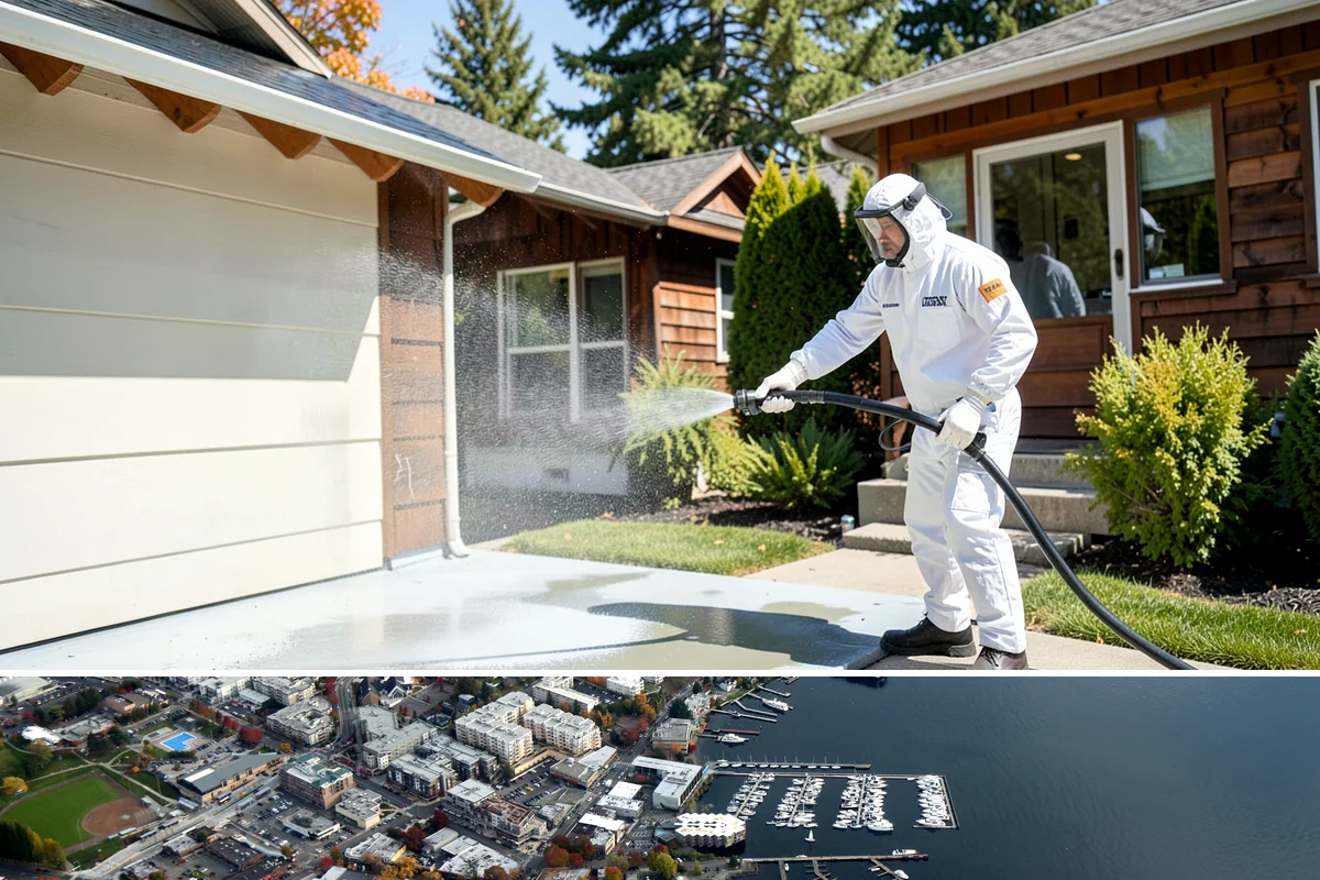 Exterior Gutter Whitening in Kirkland, King County, WA - Whitening shows best in spring or summer when brighter light highlights the restored panels.