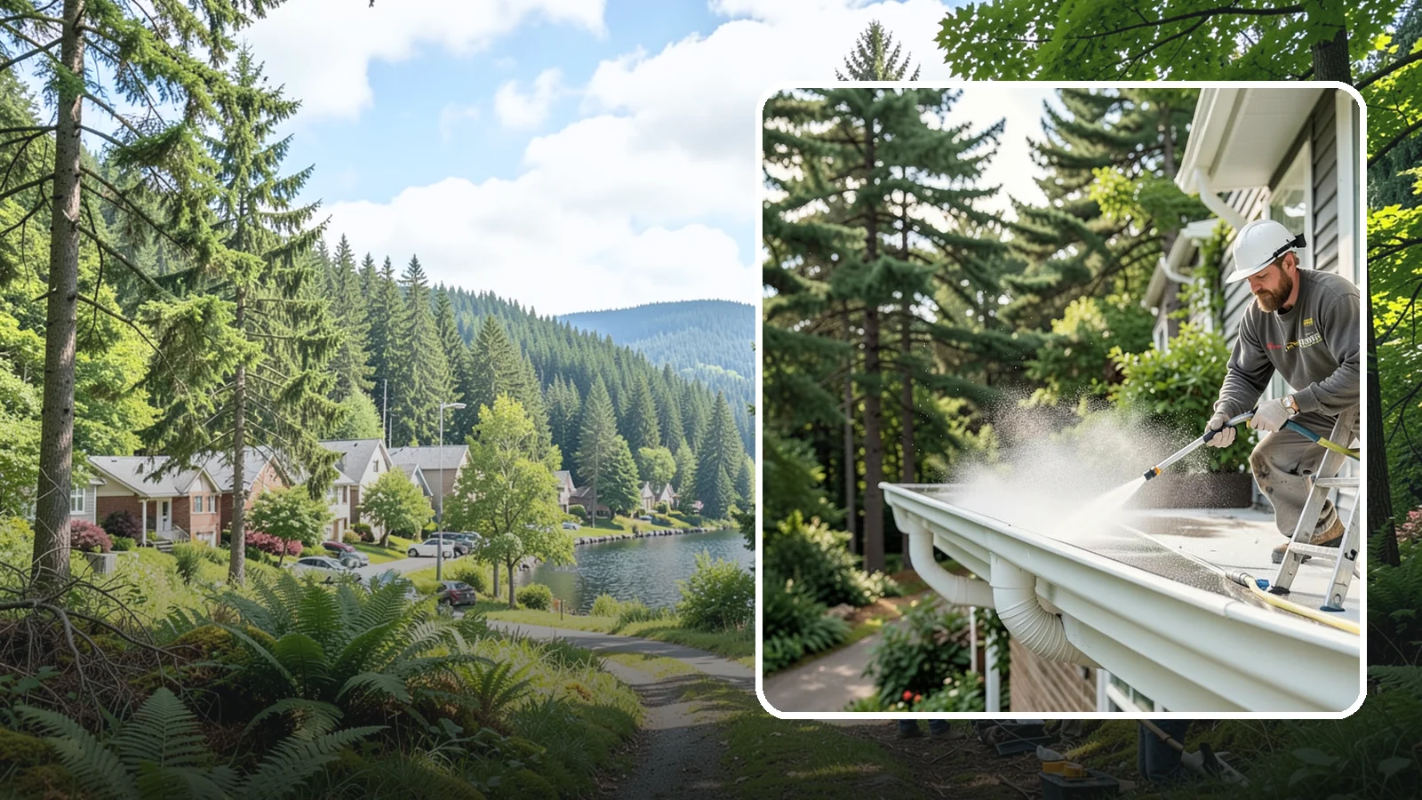 Exterior Gutter Whitening in Lake Forest Park, King County, WA - Whitening service that scrubs the gray oxidation and grime off white gutter faces to match their original brightness.