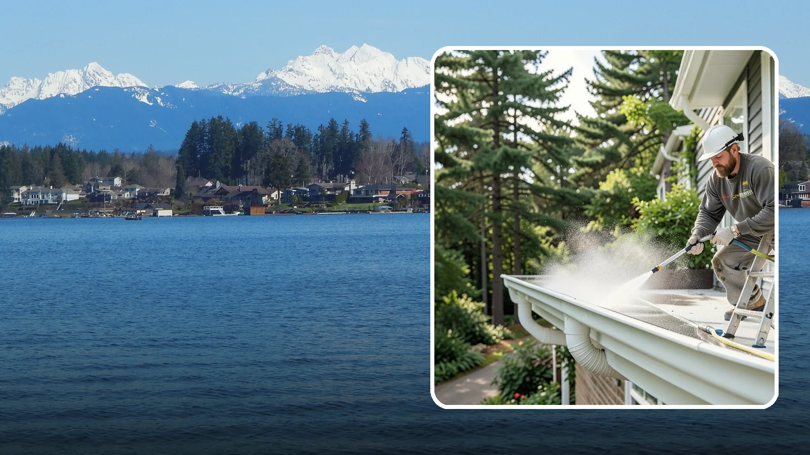 Exterior Gutter Whitening in Lake Stevens, Snohomish County, WA - Whitening service that scrubs the gray oxidation and grime off white gutter faces to match their original brightness.