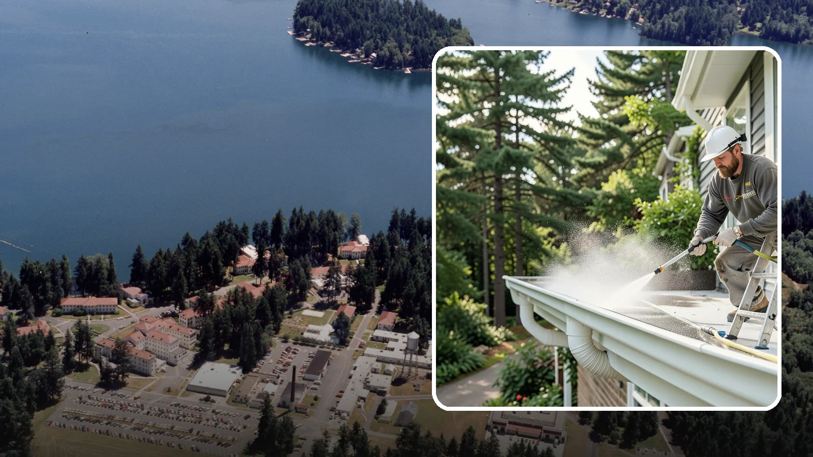 Exterior Gutter Whitening in Lakewood, Pierce County, WA - Whitening service that scrubs the gray oxidation and grime off white gutter faces to match their original brightness.
