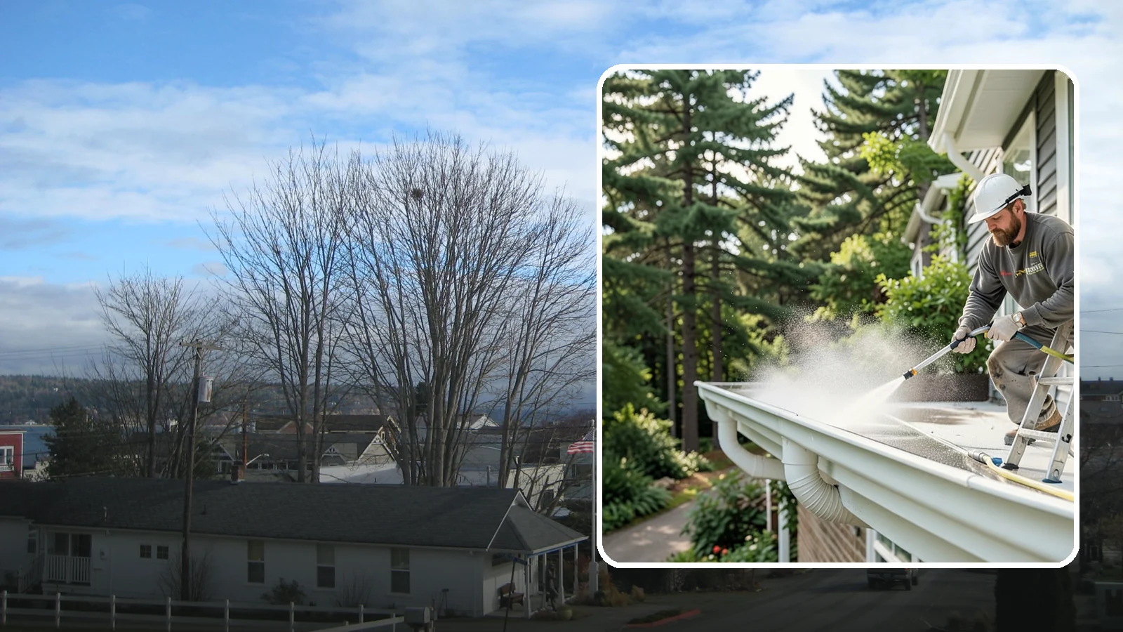 Exterior Gutter Whitening in Langley, Island County, WA - Whitening service that scrubs the gray oxidation and grime off white gutter faces to match their original brightness.