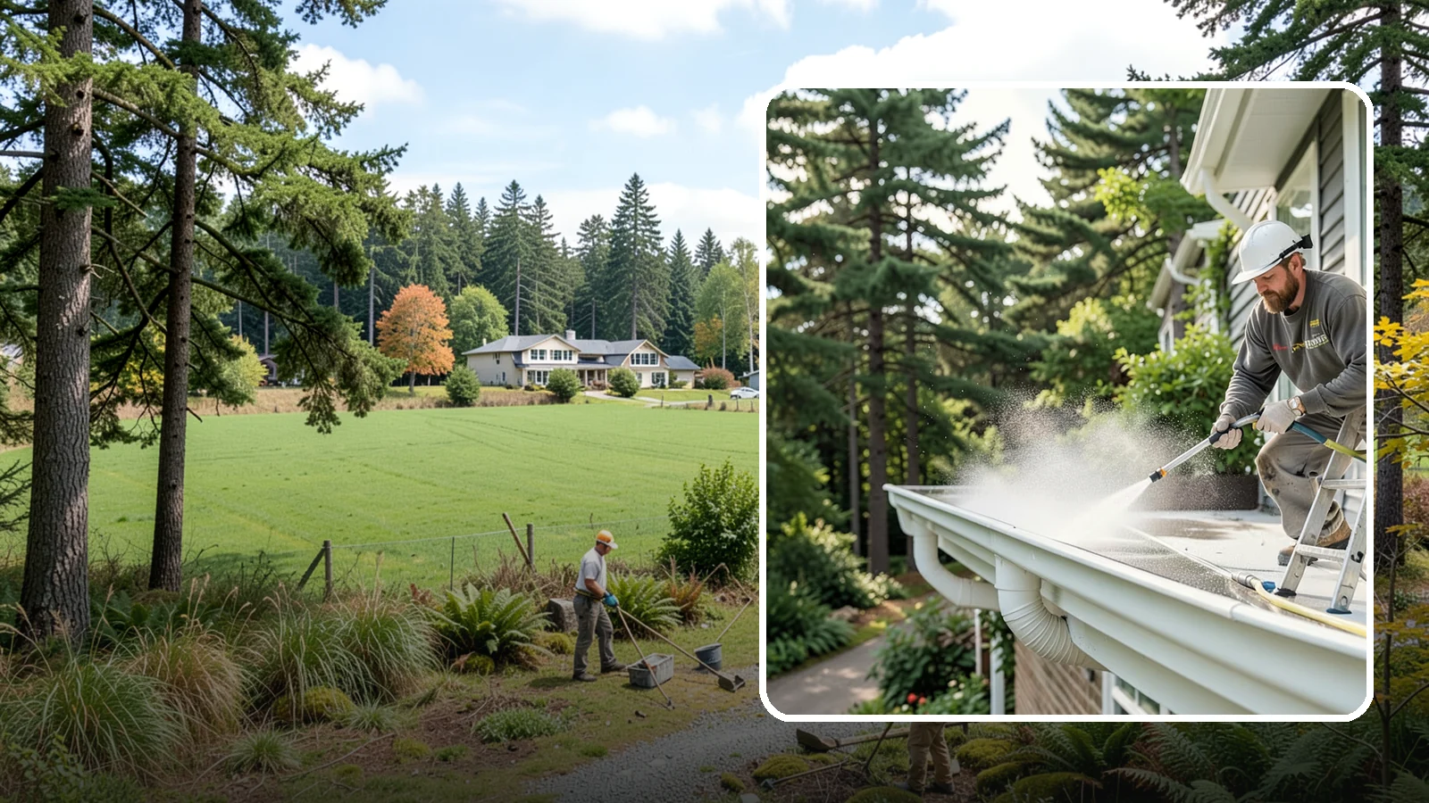 Exterior Gutter Whitening in Lyman, Skagit County, WA - Whitening service that scrubs the gray oxidation and grime off white gutter faces to match their original brightness.