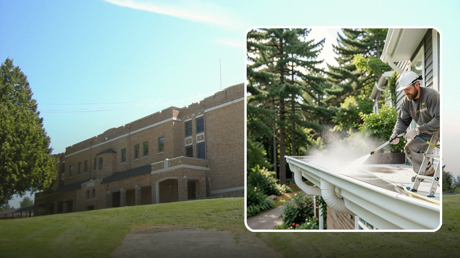 Exterior Gutter Whitening in Maple Valley, King County, WA - Whitening service that scrubs the gray oxidation and grime off white gutter faces to match their original brightness.