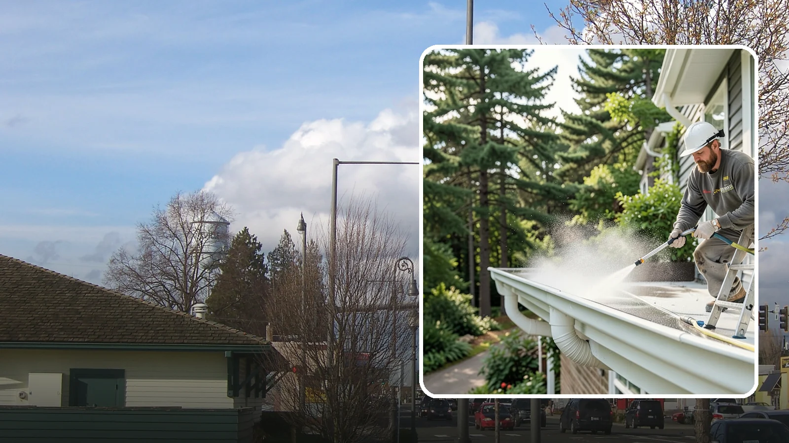 Exterior Gutter Whitening in Marysville, Snohomish County, WA - Whitening service that scrubs the gray oxidation and grime off white gutter faces to match their original brightness.