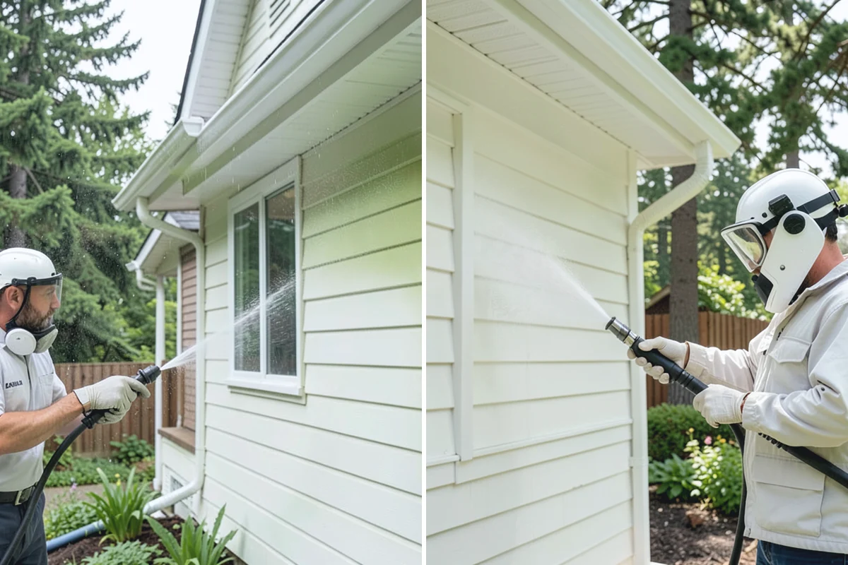 Exterior Gutter Whitening in Marysville, Snohomish County, WA - Rinse loose grime from the gutter faces