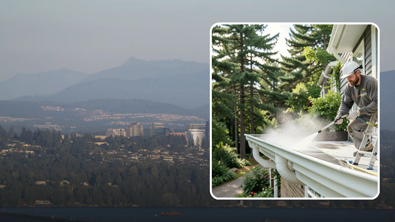 Exterior Gutter Whitening in Medina, King County, WA - Whitening service that scrubs the gray oxidation and grime off white gutter faces to match their original brightness.