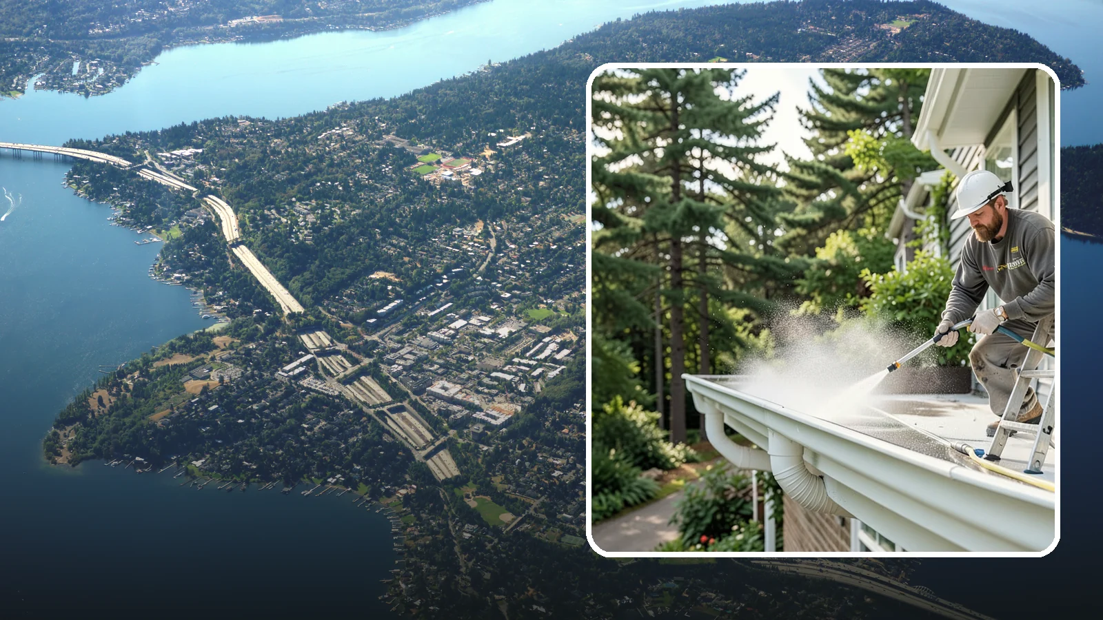 Exterior Gutter Whitening in Mercer Island, King County, WA - Whitening service that scrubs the gray oxidation and grime off white gutter faces to match their original brightness.